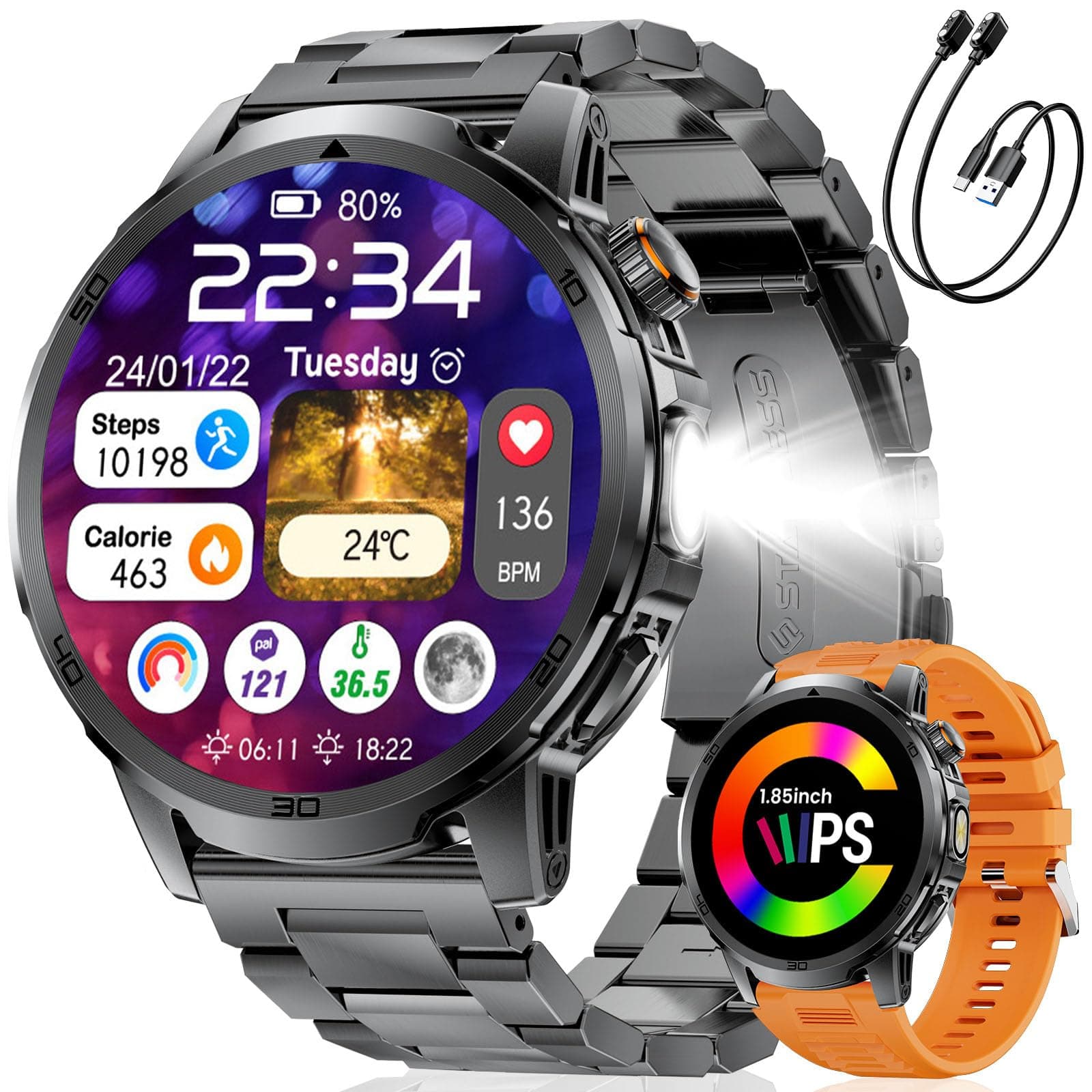 CHOOSETIME Reloj Inteligente Hombre con 1000mAh Batería/Linterna, 1.85" Grandes Smartwatch Hombre con Llamadas Bluetooth, Monitor de Sueño, IP68 Impermeable, 100+ Modos Deportivos para Android iOS