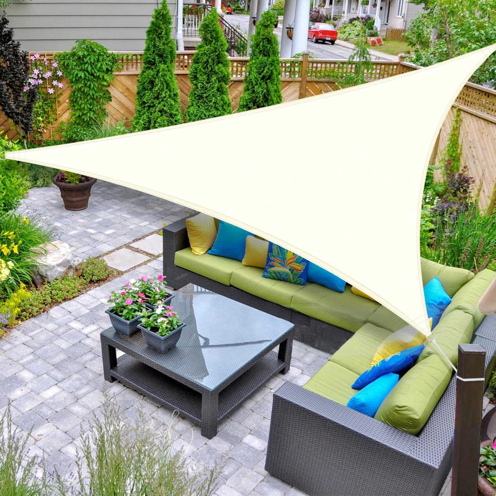 AXT SHADE Toldo Vela de Sombra Impermeable Triangular 5x5x5m Protección Rayos UV para Exterior Terraza Patio Jardín-Crema