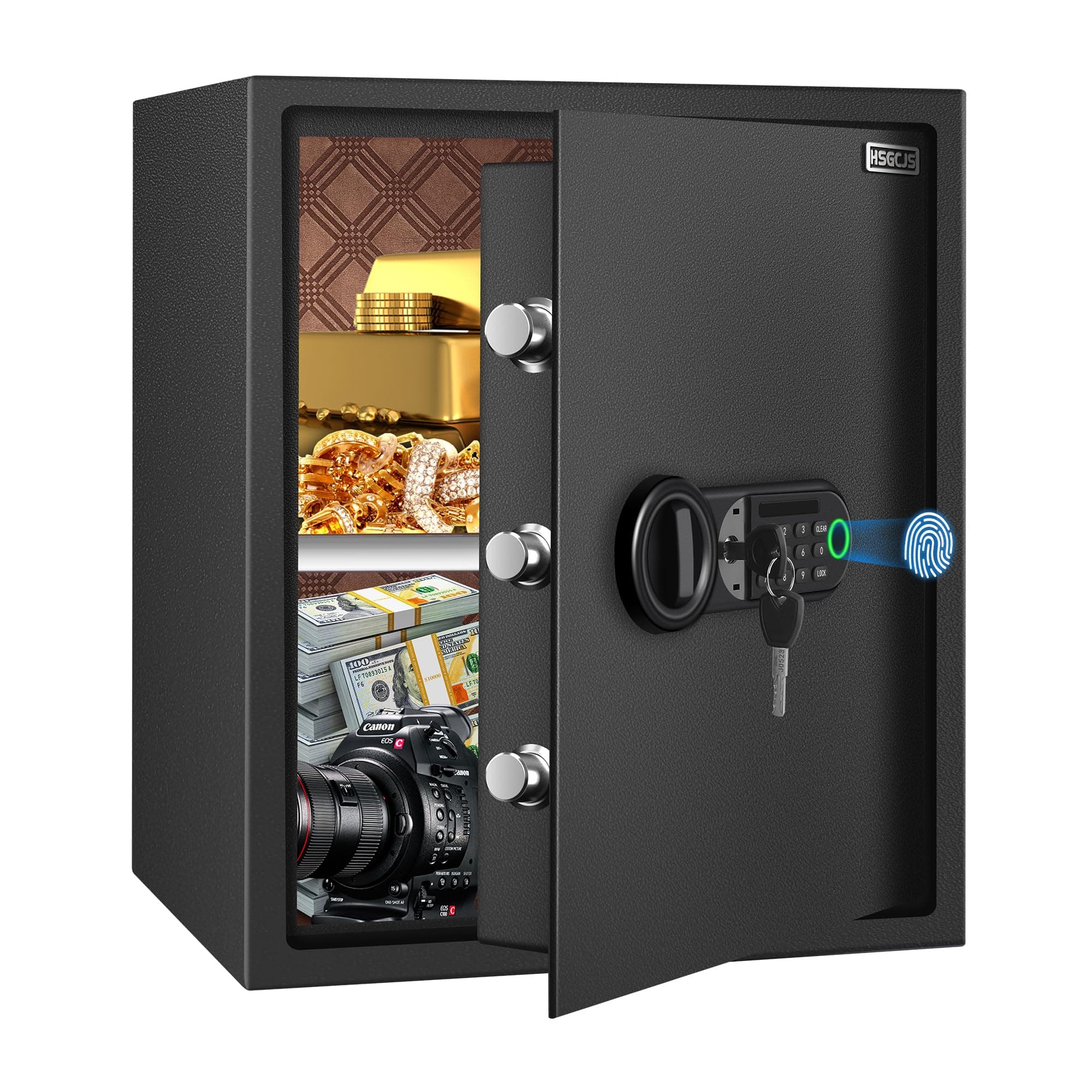 HSGCJS Grand coffre-fort pour empreintes digitales – 0,5 m³, boîte biométrique à empreintes digitales avec clavier numérique, coffre-fort de sécurité avec lumière à induction et cuir, tirelire pour