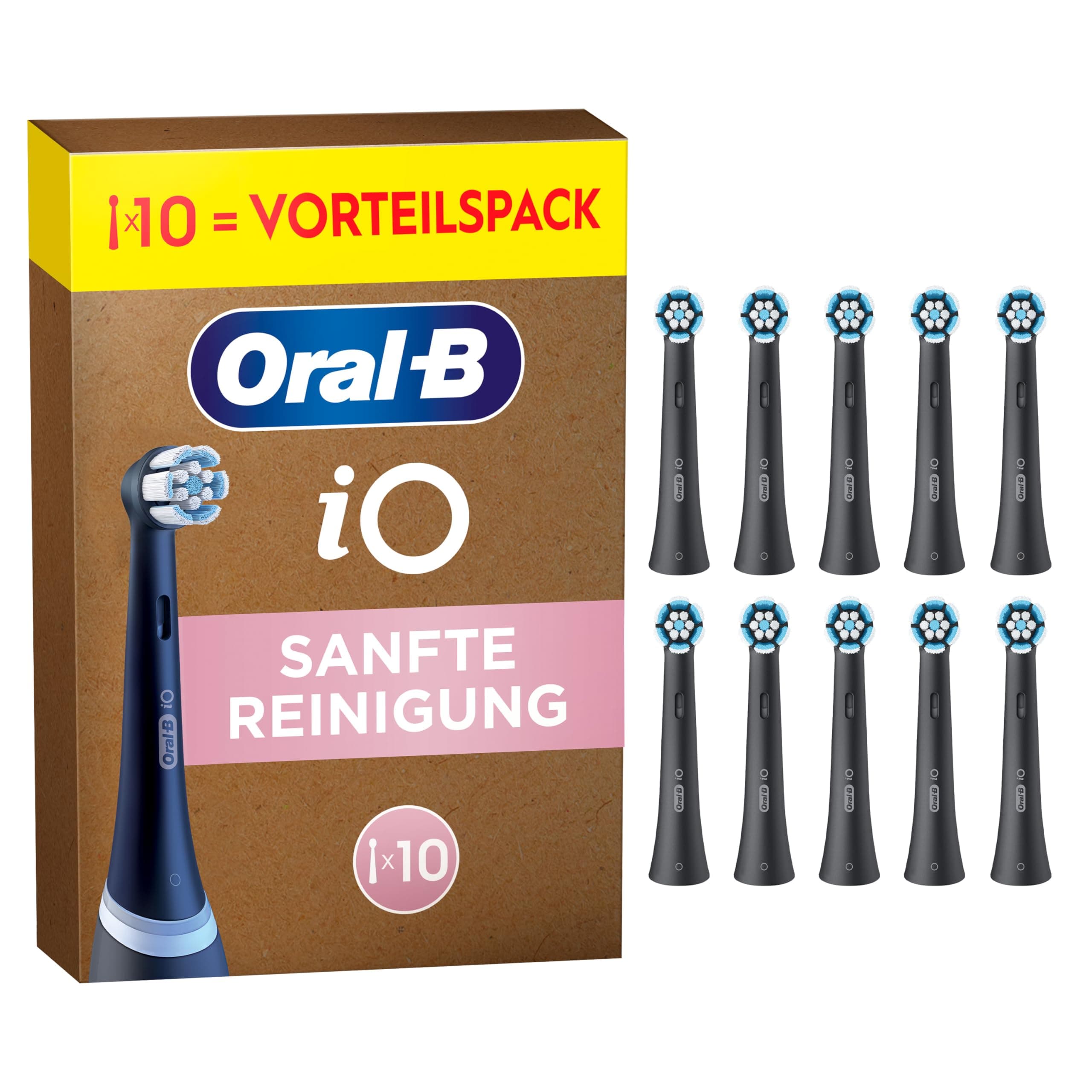 Oral-B iO Sanfte Reinigung Aufsteckbürsten — ORIGINAL Zahnbürstenaufsatz für Elektrische Oral-B iO Zahnbürsten — Ersatzbürsten, Bürstenköpfe für empfindliches Zahnfleisch & Zähne — Schwarz, 10 Stück