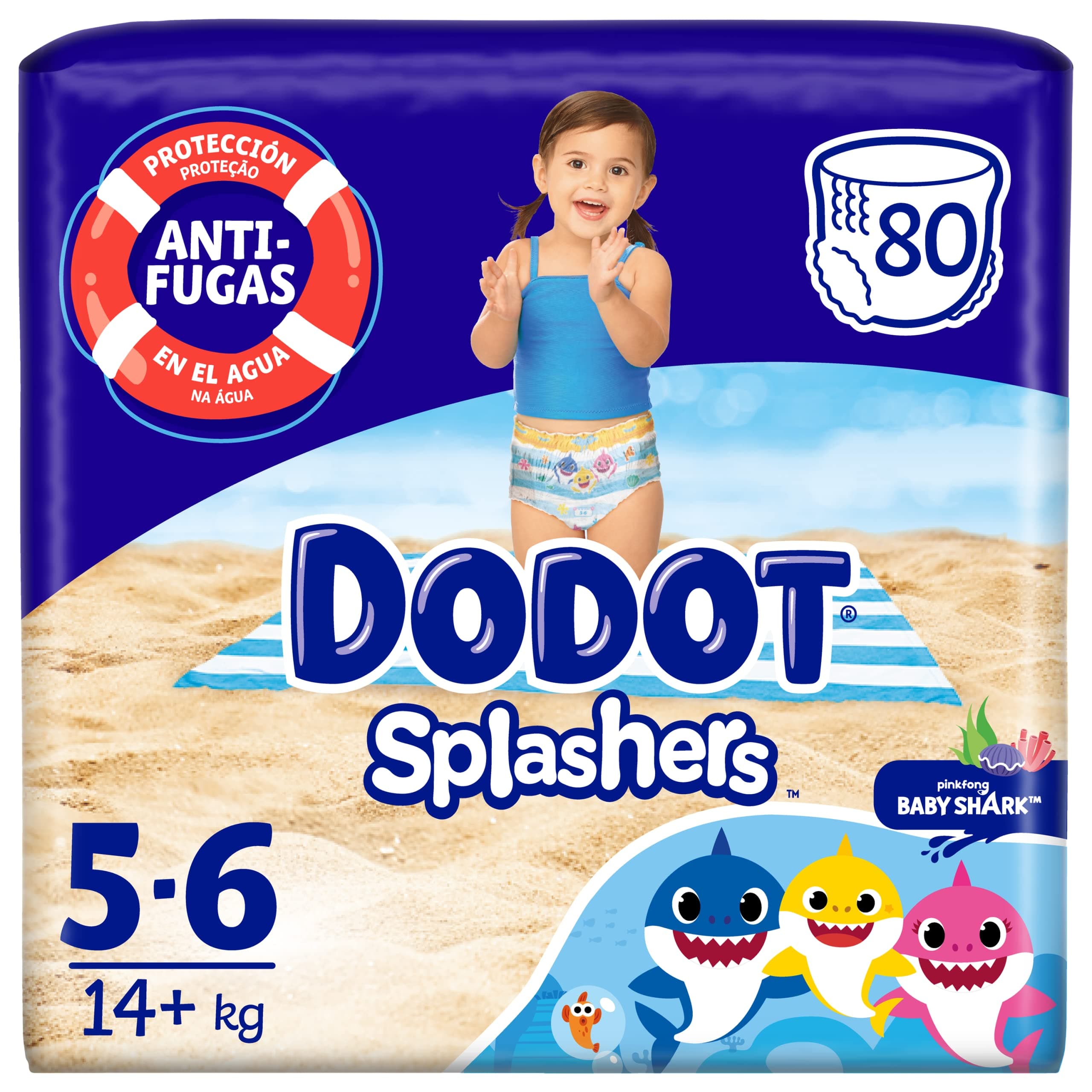 Dodot Pañales Bebé Splashers Baby Shark, Talla 5-6 (14+ kg), 80 pañales, Bañadores desechables, Protección Anti-fugas En El Agua