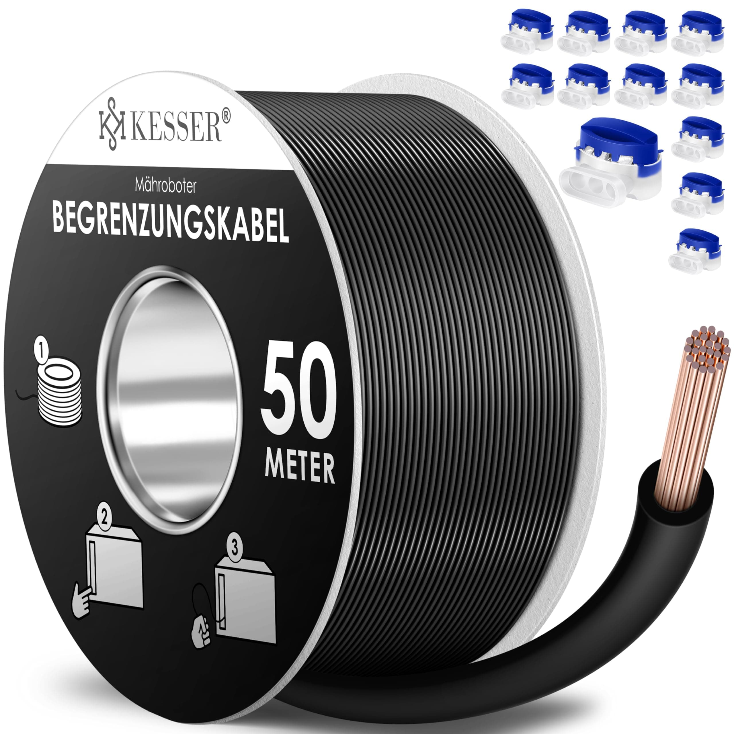 KESSER® Begrenzungskabel 50m + 12 Kabelverbinder für Mähroboter Rasenmäher Rasenroboter Zubehör Set Begrenzungsdraht Universal für Suchkabel kompatibel mit Gardena/Bosch/Worx/Einhell/Honda/ROBOMOW