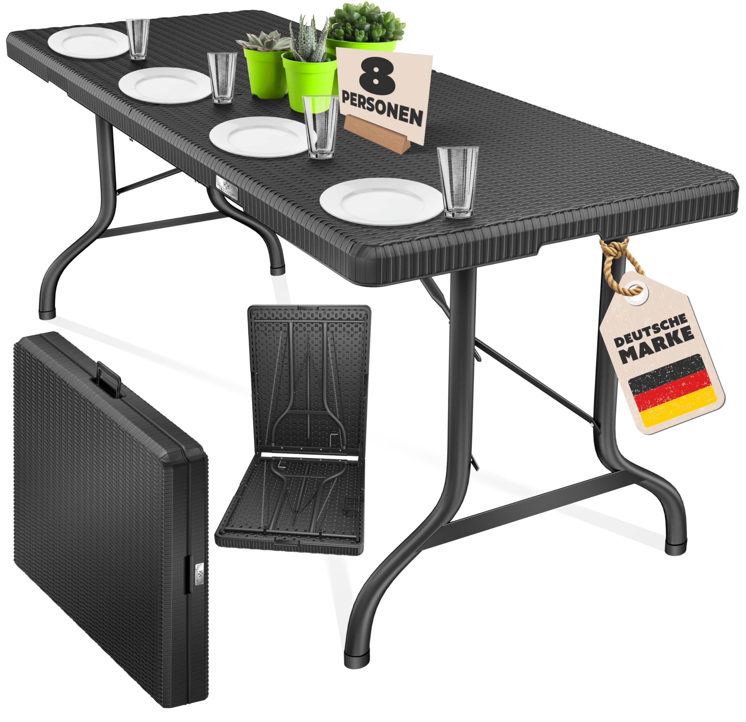KESSER® Buffettisch Tisch klappbar Kunststoff 183x76cm Rattan Optik Campingtisch Partytisch Klapptisch Gartentisch 6 Personen Garten Terrasse & Balkon zusammenklappbar inkl. Tragegriff Anthrazit