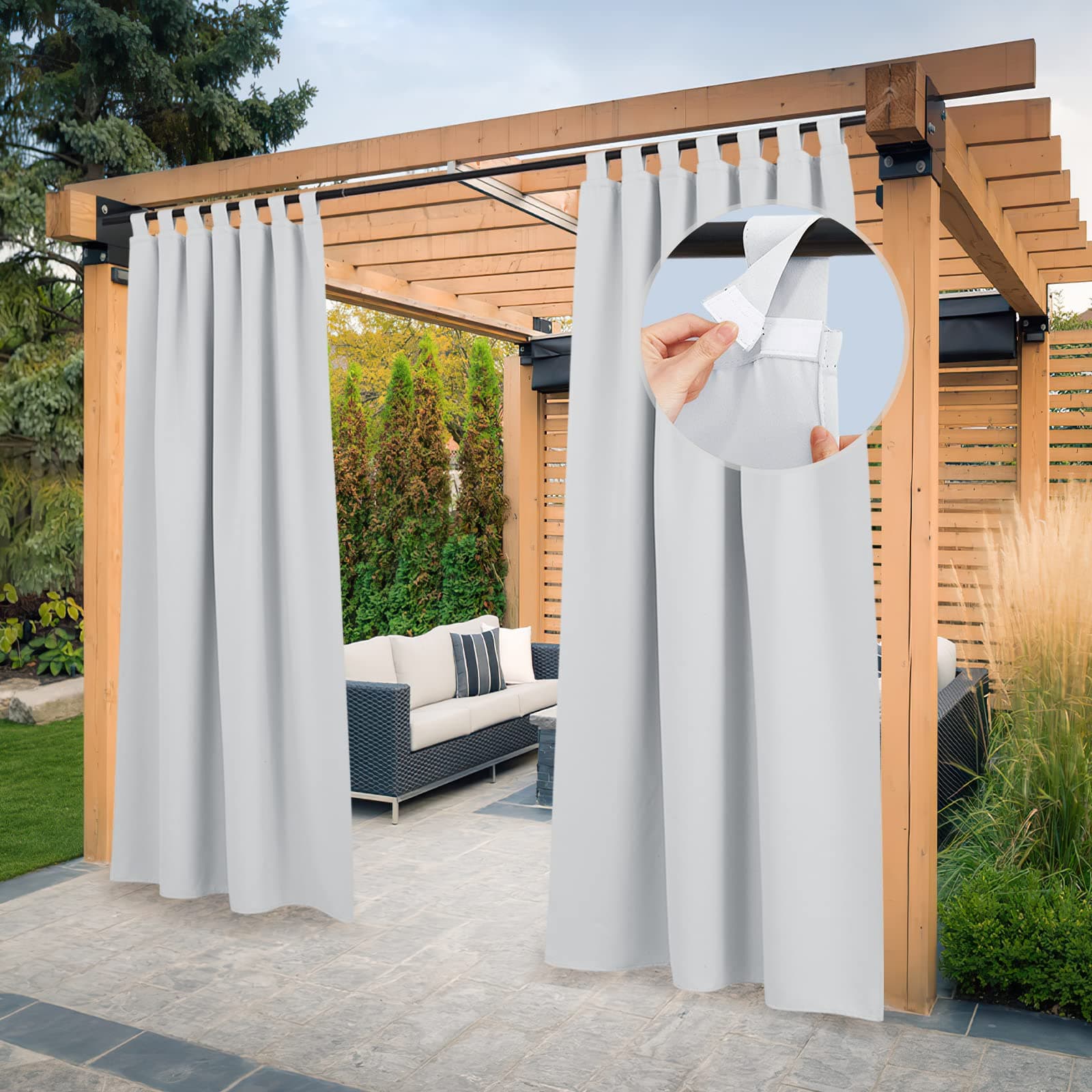PONY DANCE Cortina Exterior Impermeable para Porche, Cortinas Opacas de Exterior con Trabillas Adhesivas para Pergolas de Jardin, 2 Piezas, 132x213 cm, Blanco Gris
