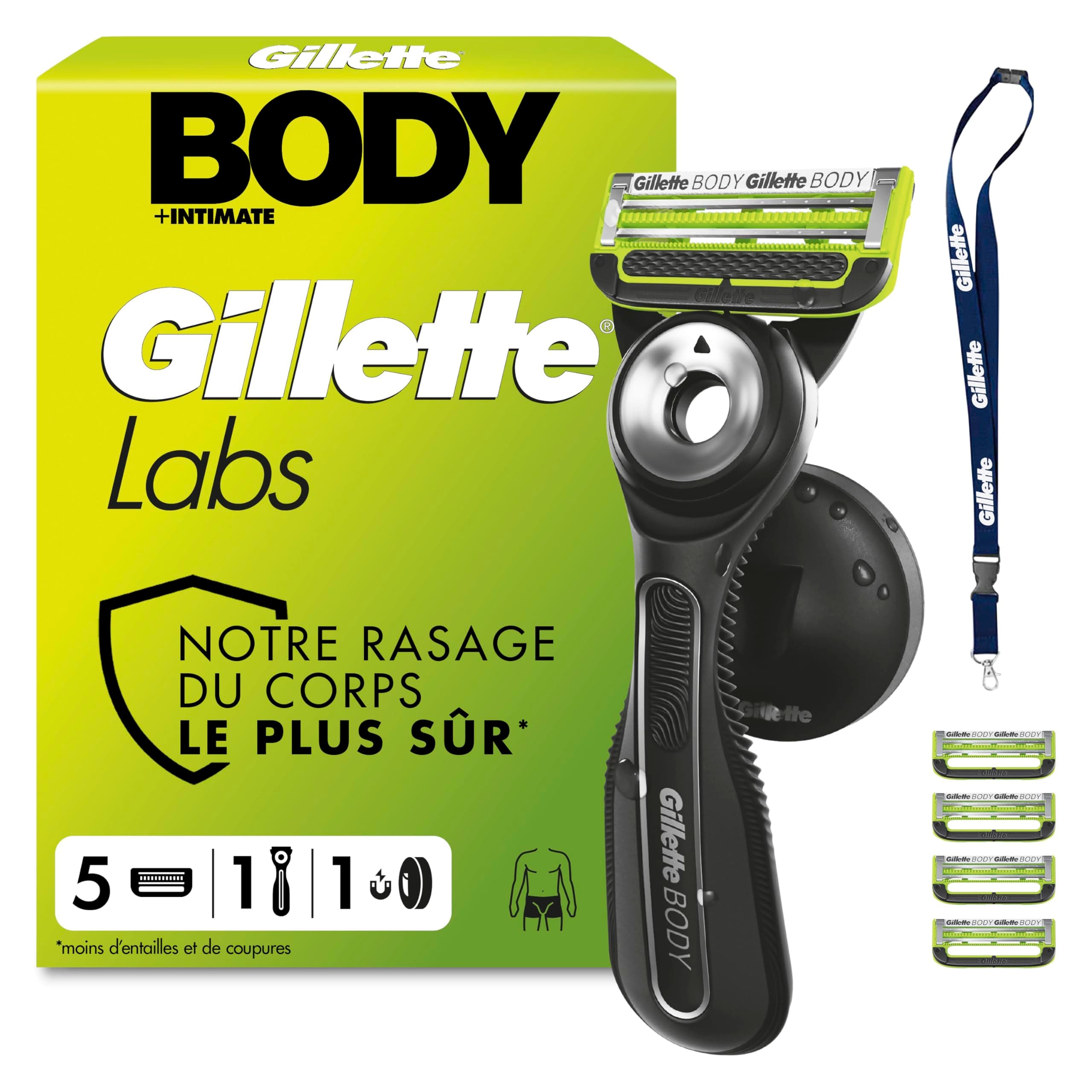 Gillette Labs Body + Intimate Rasoir Intime Homme pour Le Rasage du Corps Et du Pubis, Cartouche De Lames avec Une Barre Anti-Poils Incarnés, Manche Facile A Gripper, 5 Recharges, Tour De Cou