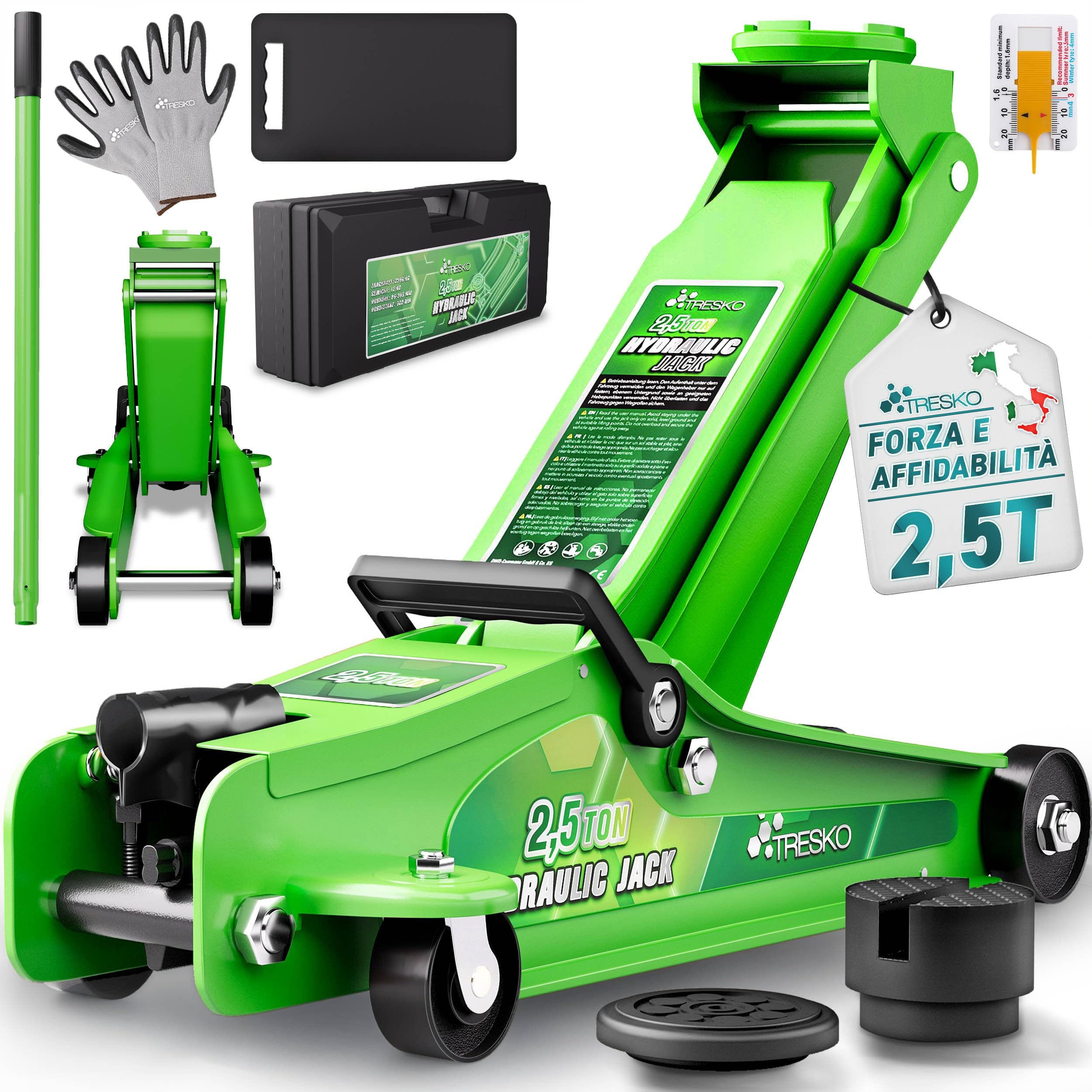 TRESKO Cric idraulico 2,5 tonnellate, altezza di sollevamento 85-385 mm, con valigetta, cric idraulico, piatto, per auto abbassate, ruote a 360°, con 2 cuscinetti in gomma, guanti, coltello profilato