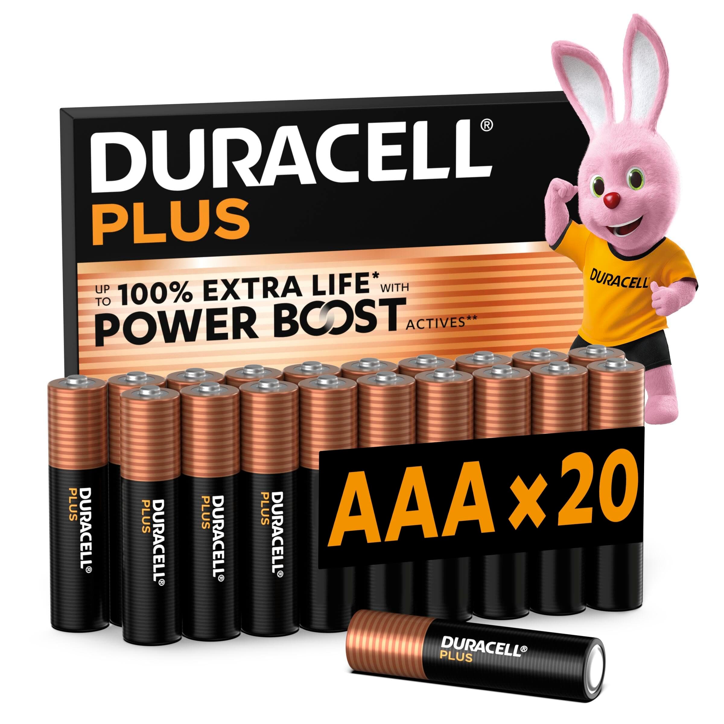 DURACELL Plus Pilas AAA (Paquete de 20) – Pilas alcalinas 1,5 V–hasta un 100% de duración Extra con Activos Power Boost–Fiabilidad para Dispositivos cotidianos–Envase con 0% de plástico–MN2400