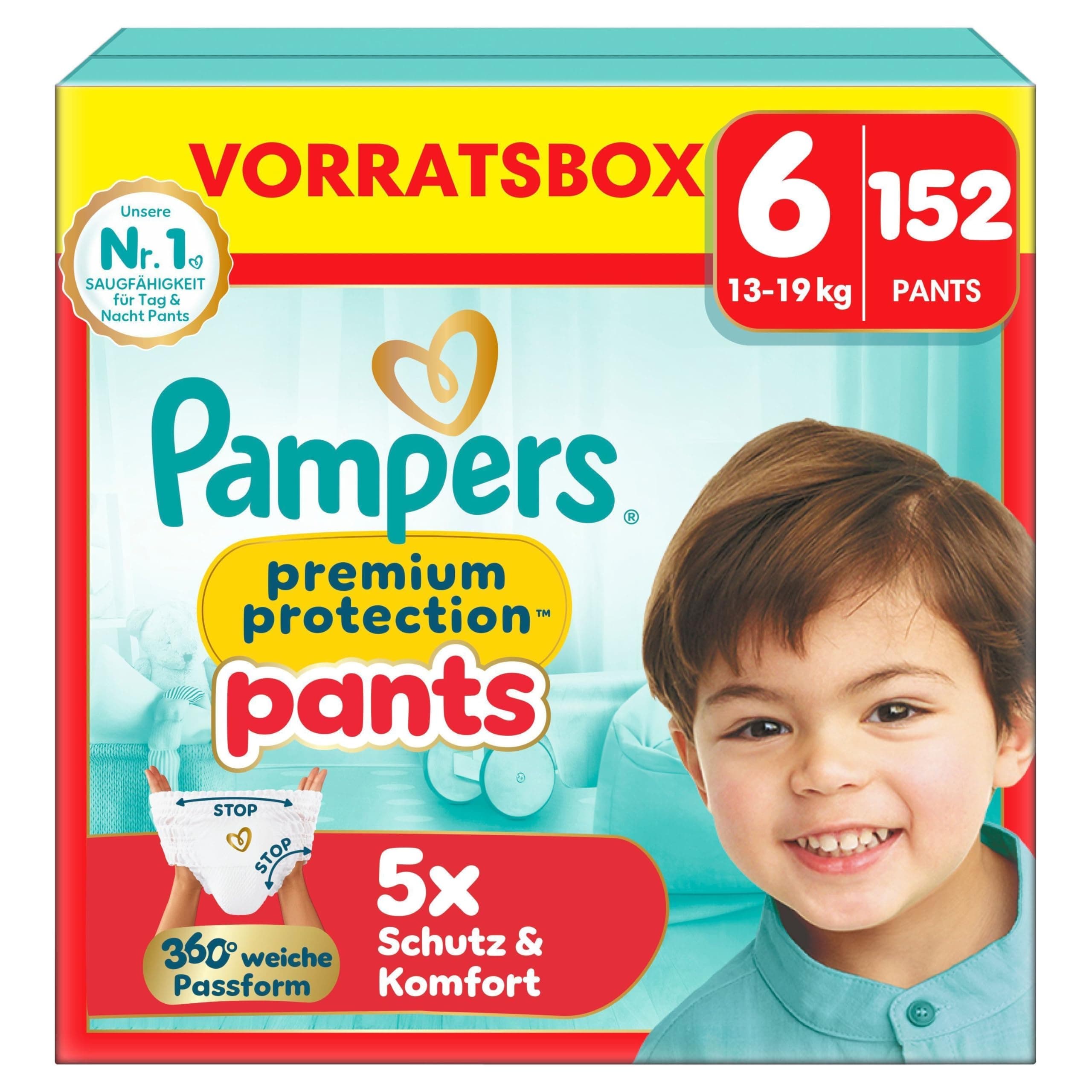 Pampers Premium Protection Pants Größe 6, 152 Windeln,13kg-19kg, mit 360° Passform und weichen Anti-Auslaufbündchen für unseren besten Komfort und Schutz