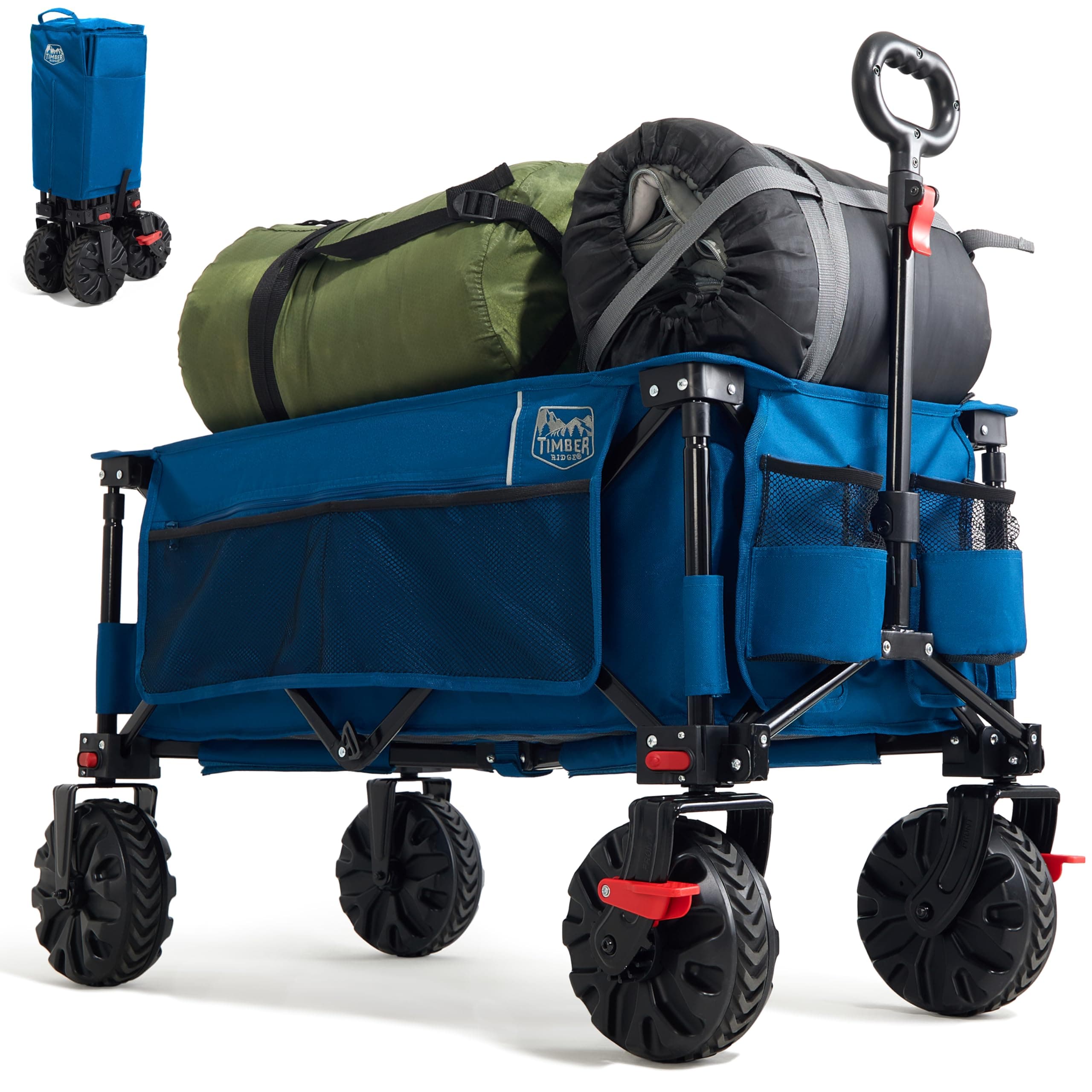 TIMBER RIDGE XXL Chariot de Transport Pliable avec Frein Chariot Plage à roulettes Tout Terrain Roues Amovibles Poignée Réglable Poche Latérale pour Jardin Plage Camping Pique-Nique BBQ Match