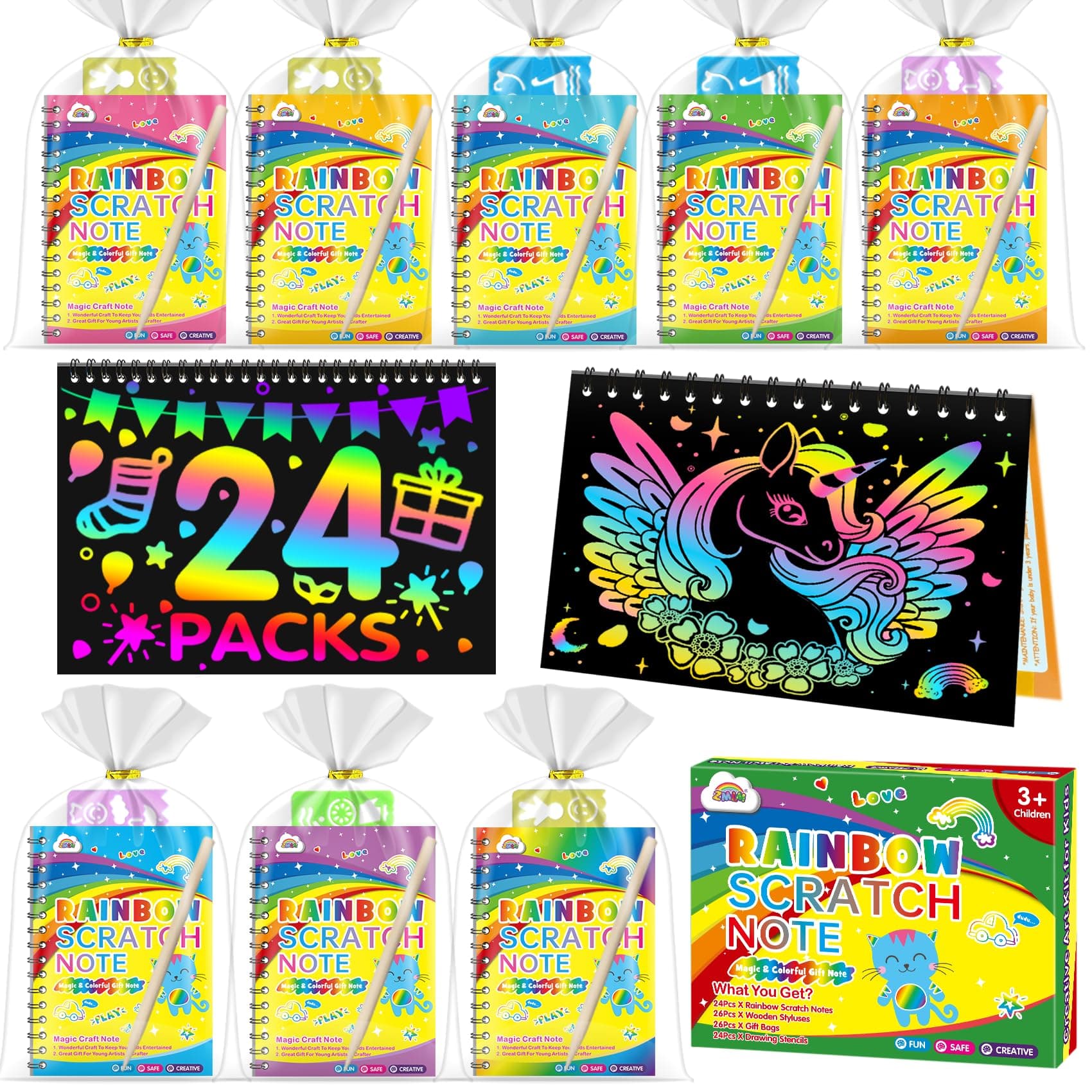 ZMLM 24 Libros Scratch Art Manualidades Kit con 24 Plantilla y Lápiz de Madera, Regalos Cumpleaños Niños Colegio, Detalles cumpleaños niños, Regalo niño y Niña Alumnos 3 a 9 Años