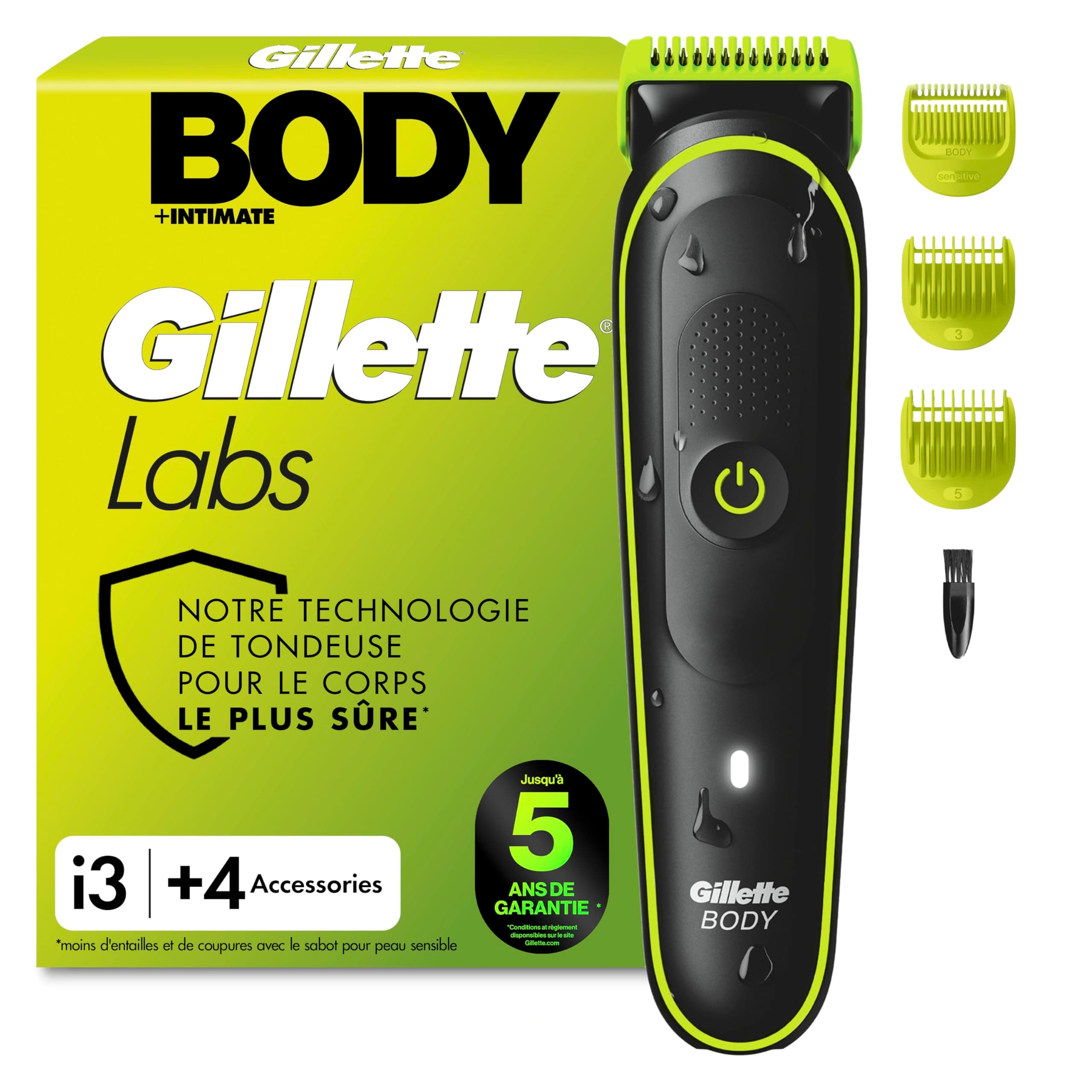 Gillette Labs Body + Intimate Tondeuse Homme i3, Tondeuse Corps et Zone Intime, Étanche, Dotée de la Technologie SkinFirst, Coffret Homme avec 2 Sabots, Batterie Rechargeable Incluse