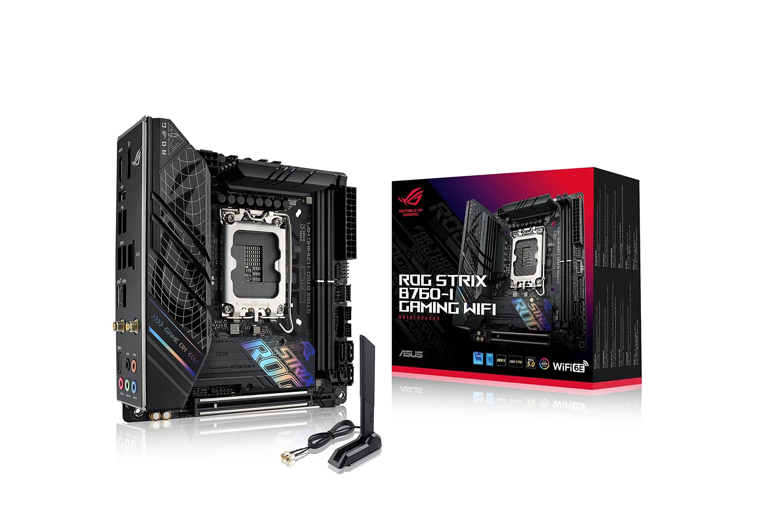 ASUS ROG Strix B760-I Gaming WiFi – Carte mère Intel B760 LGA 1700 Mini ITX (DDR5, 8 + 1 DrMOS, PCIe 5.0, 2 x PCIe 4.0 M.2, WiFi 6E, 2.5G Ethernet, USB 3.2 Gen 2x2 Type-C, Aura Sync RGB)