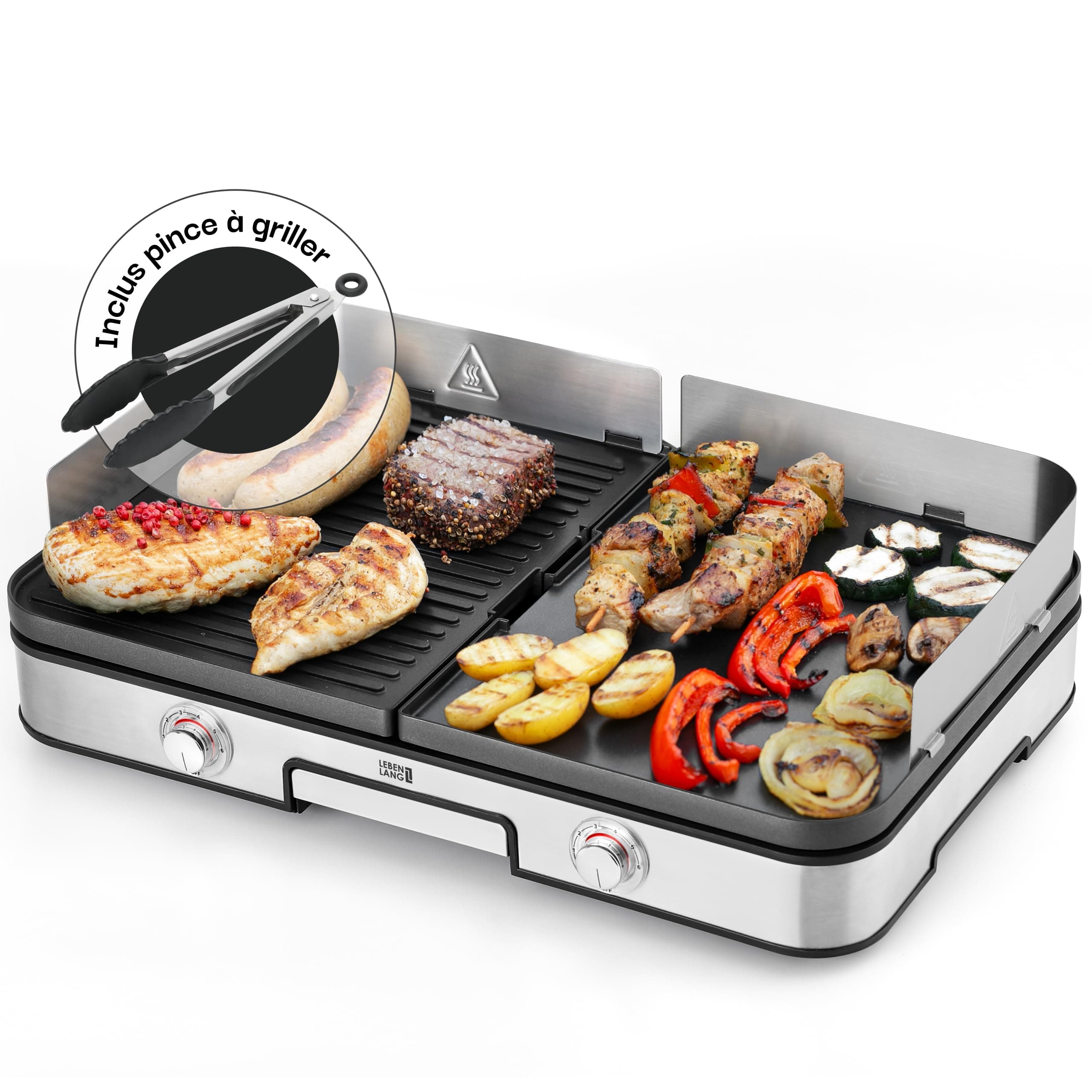 LEBENLANG 2400W Plancha électrique - Avec pince à barbecue & Protection contre les éclaboussures I Pour intérieur & exterieur I Plancha grill electrique Inox Grills électriques XXL