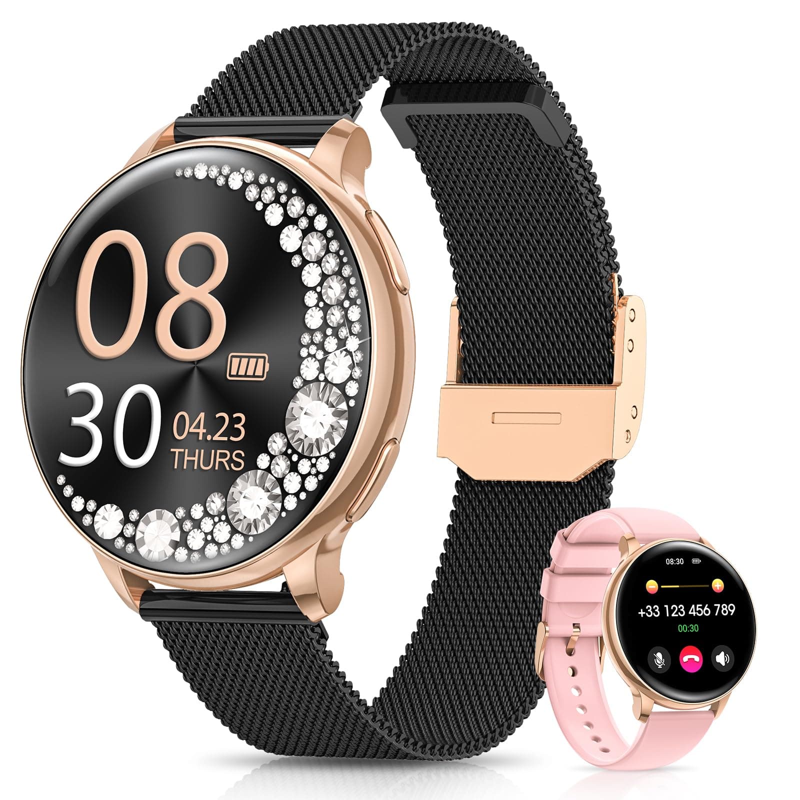 RUXINGX Reloj Inteligente Mujer, 1,27" Pantalla Táctil Smartwatch Llamadas, Función Femenina Pulsómetro SpO2 Sueño, 126 Deportes, 220 Esferas Podómetro IP68 Resistente Agua Android iOS Regalo Oro