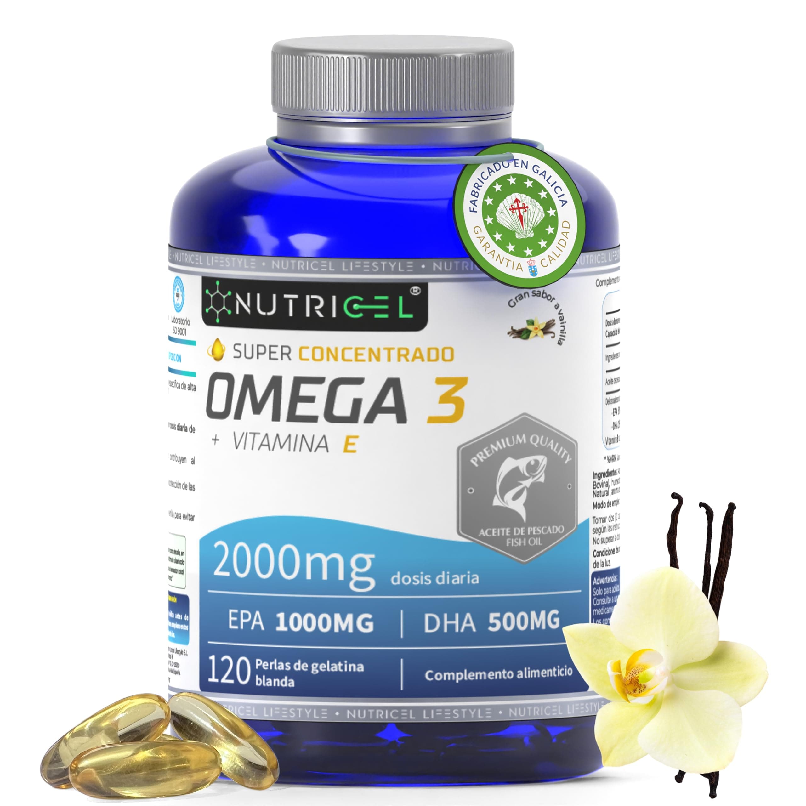 Omega 3 capsulas 2000mg por dosis diaria (2 cápsulas) EPA 1000mg + 500mg DHA - Sabor Vainilla - omega 3 epa y dha - Superconcentrado - Destilado Molecularmente - 120 cápsulas - Hasta 4 meses