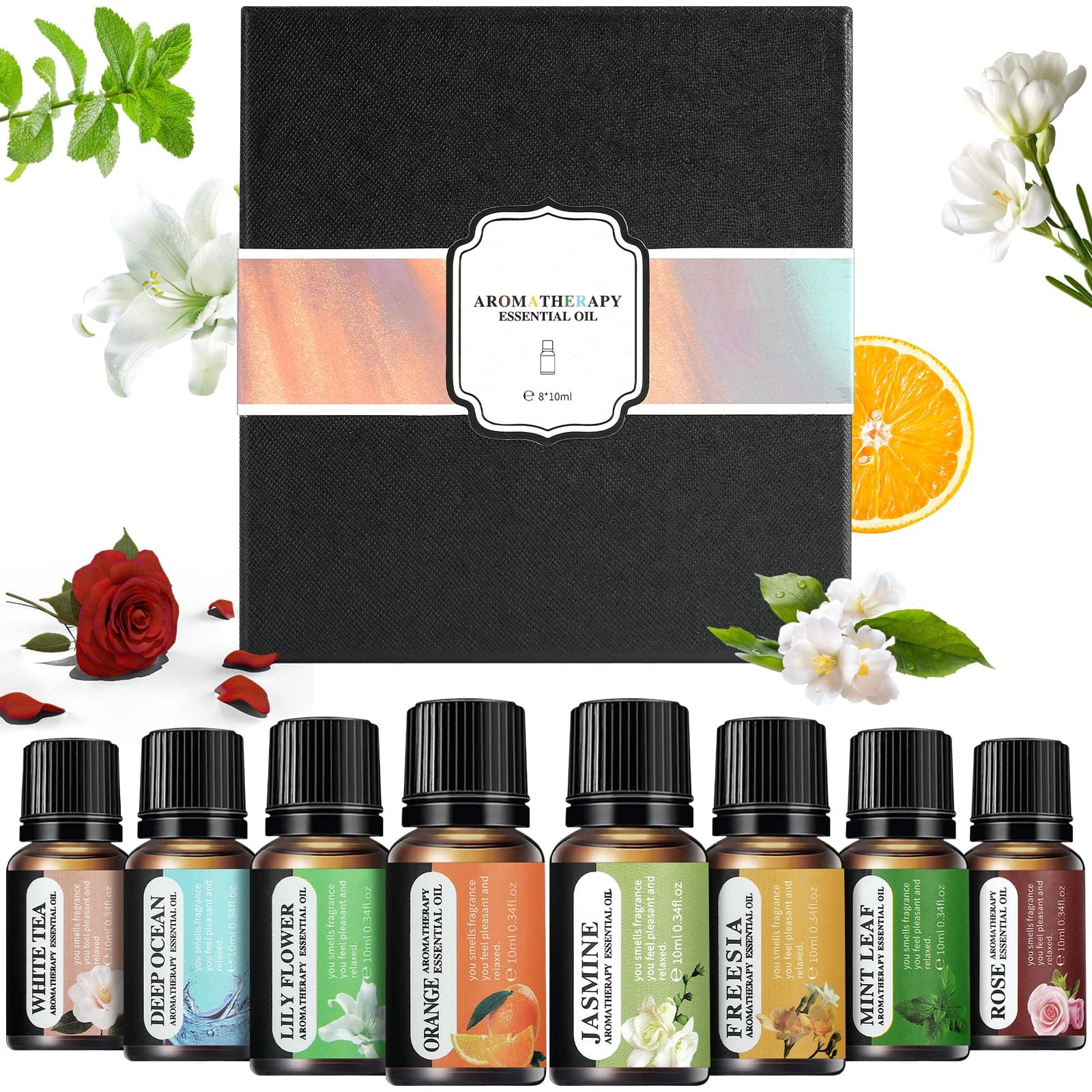 LOPHE Set di Olio Essenziale, 8 x 10 ML Oli Essenziali di Aromaterapia, Oli Essenziali per Diffusori, per Massaggi, Relax-Oceano, Gelsomino, Giglio, Menta, Rosa, Arancia, Camelia Bianca, Fresia