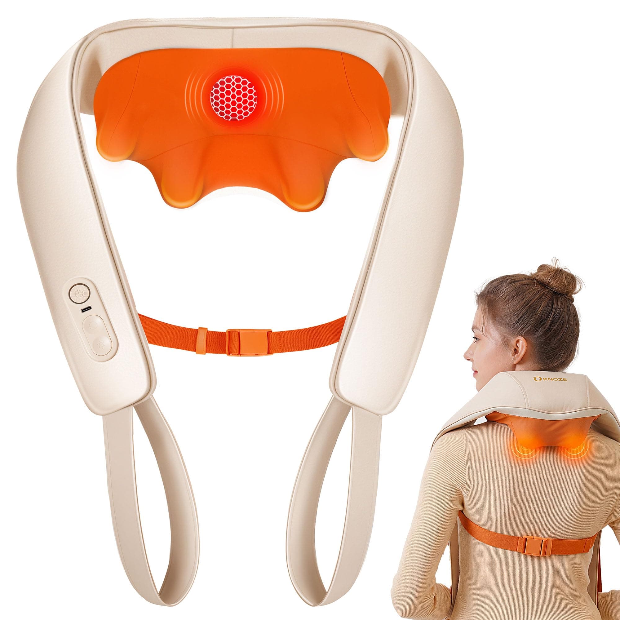 KNQZE Massaggiatore cervicale collo spalle e schiena senza fili, Massaggiatore shiatsu 4D con impastamento profondo, Riscaldamento al grafene potenziato, Massaggio schiena, cervicale collo, Beige