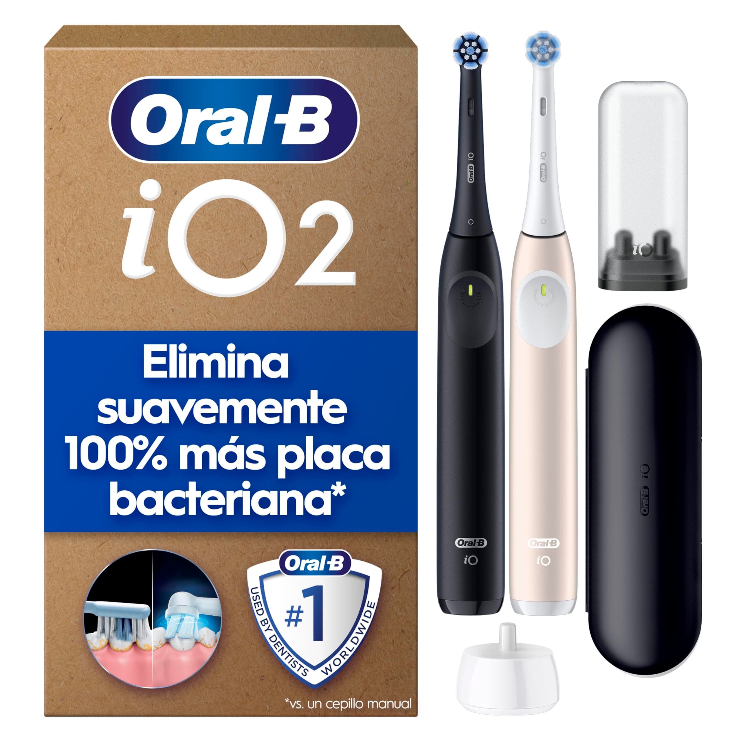 Oral-B iO 2 Pack de 2 Cepillos de Dientes Eléctricos Negro Noche y Rosa Suave, 2 Cabezales, 1 Estuche de Viaje, 1 Portarrecambios, 3 Modos De Cepillado, Sensor De Presión y Temporizador