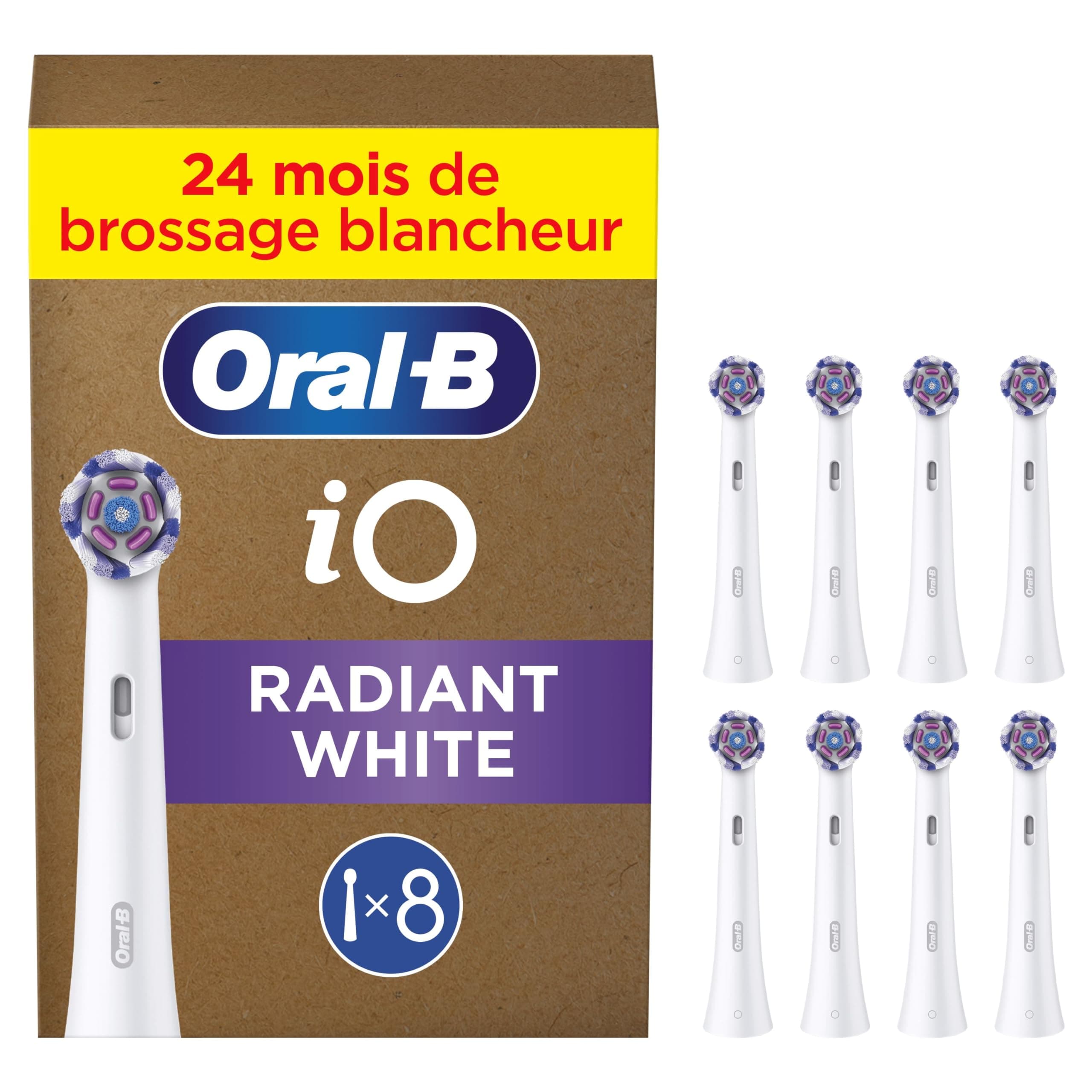 Oral-B Lot De 8 Brossettes De Rechange Radiant White, AUTHENTIQUES, Blanches, Brossage Avancé Grâce Aux Pétales De Polissage Pour Le Blanchiment Des Dents, Pour Brosses Electriques Oral B iO, Carton