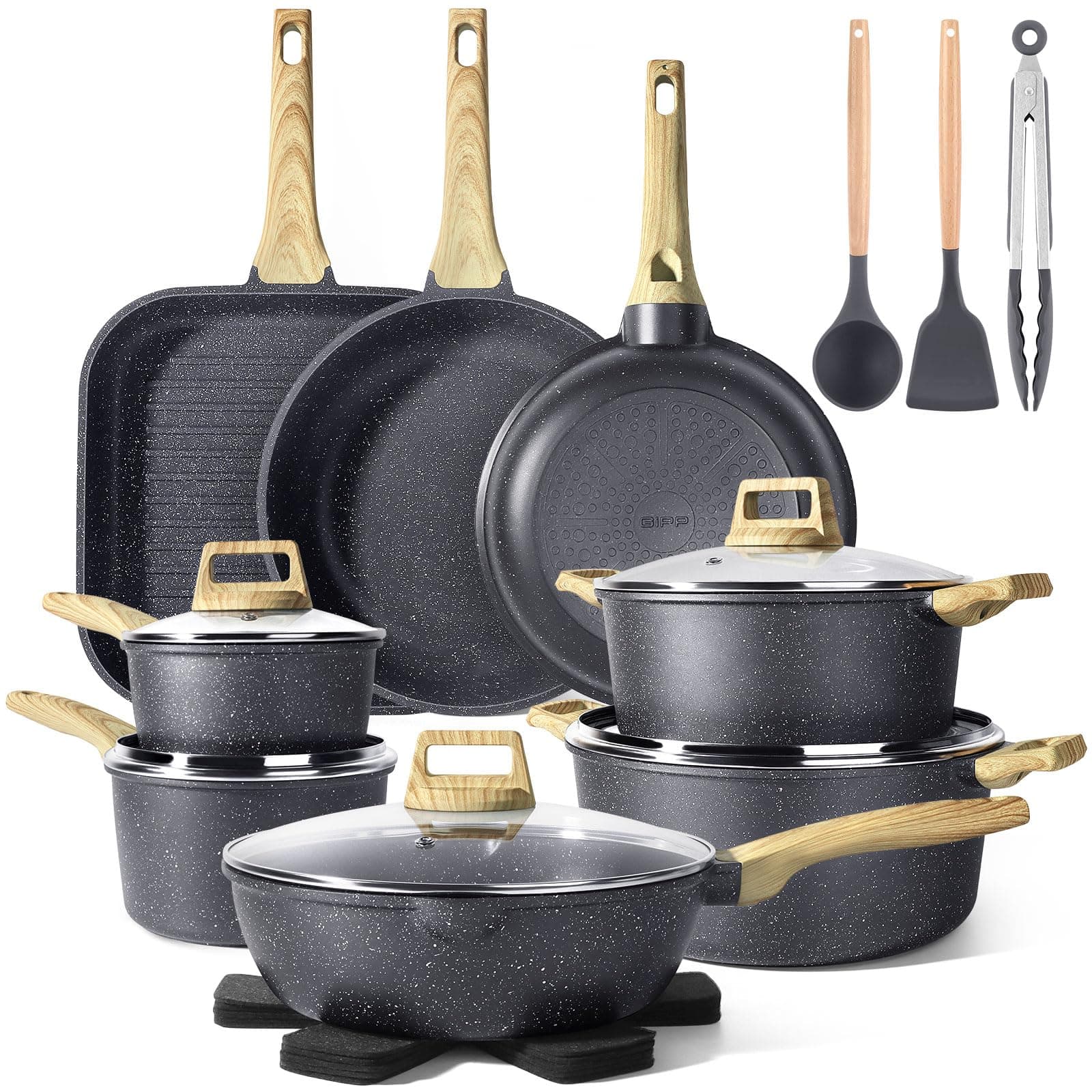 GiPP Set de Poêles et Casseroles avec Revêtement Céramique Antiadhésif - 21 Pièces Induction Lot de Poele, Batterie de Cuisine Sans Toxiques, Convient à Différents Types de Cuisinières