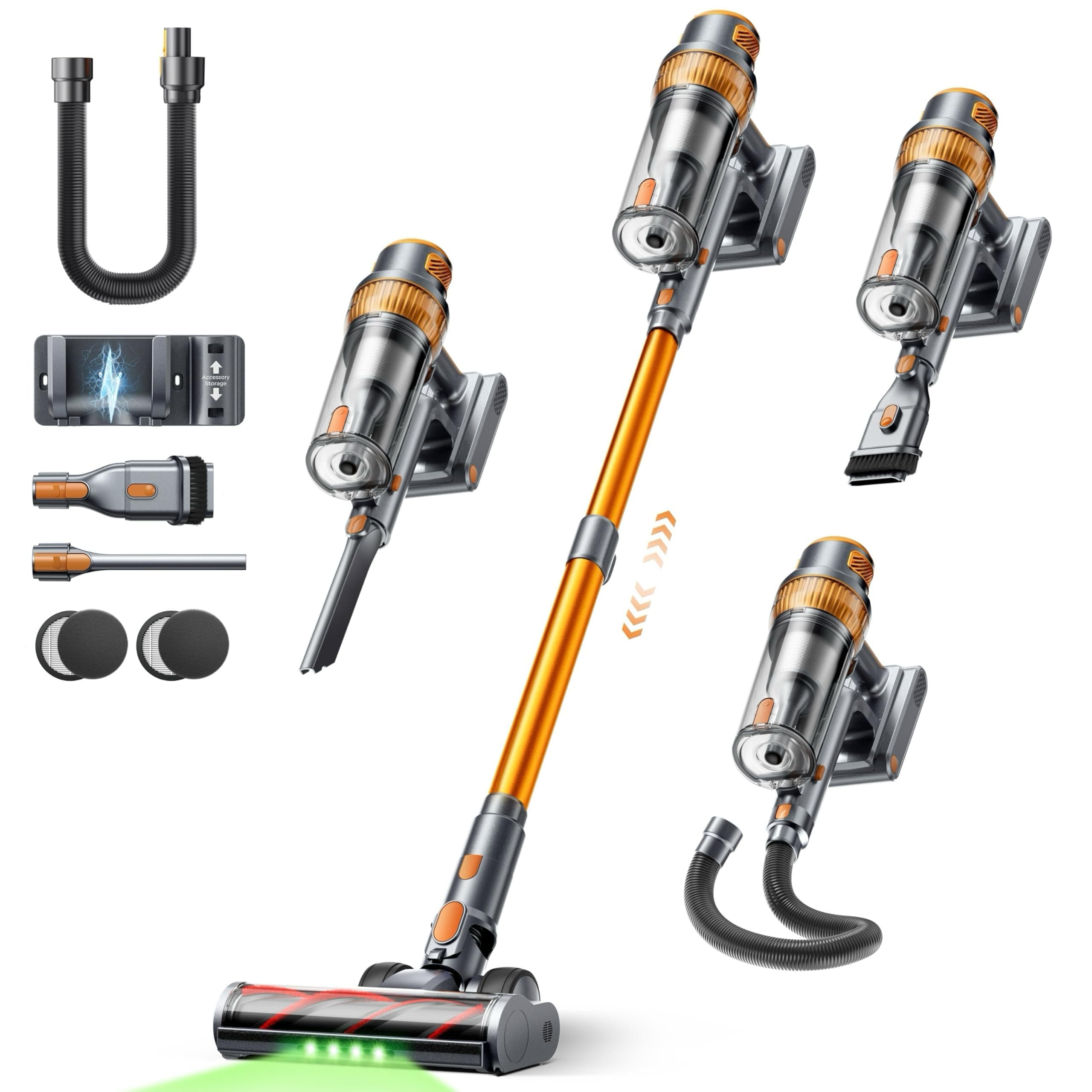 50KPA/600W/65Min (Eco) Aspiradora sin Cable, Aspirador Escoba Vertical, Incluye Manguera de 1M, Cepillo Anti-Enredo con Luz, Modo Automático, Carga Pared, para Pelo de Mascotas/Suelos/Alfombras/Coche