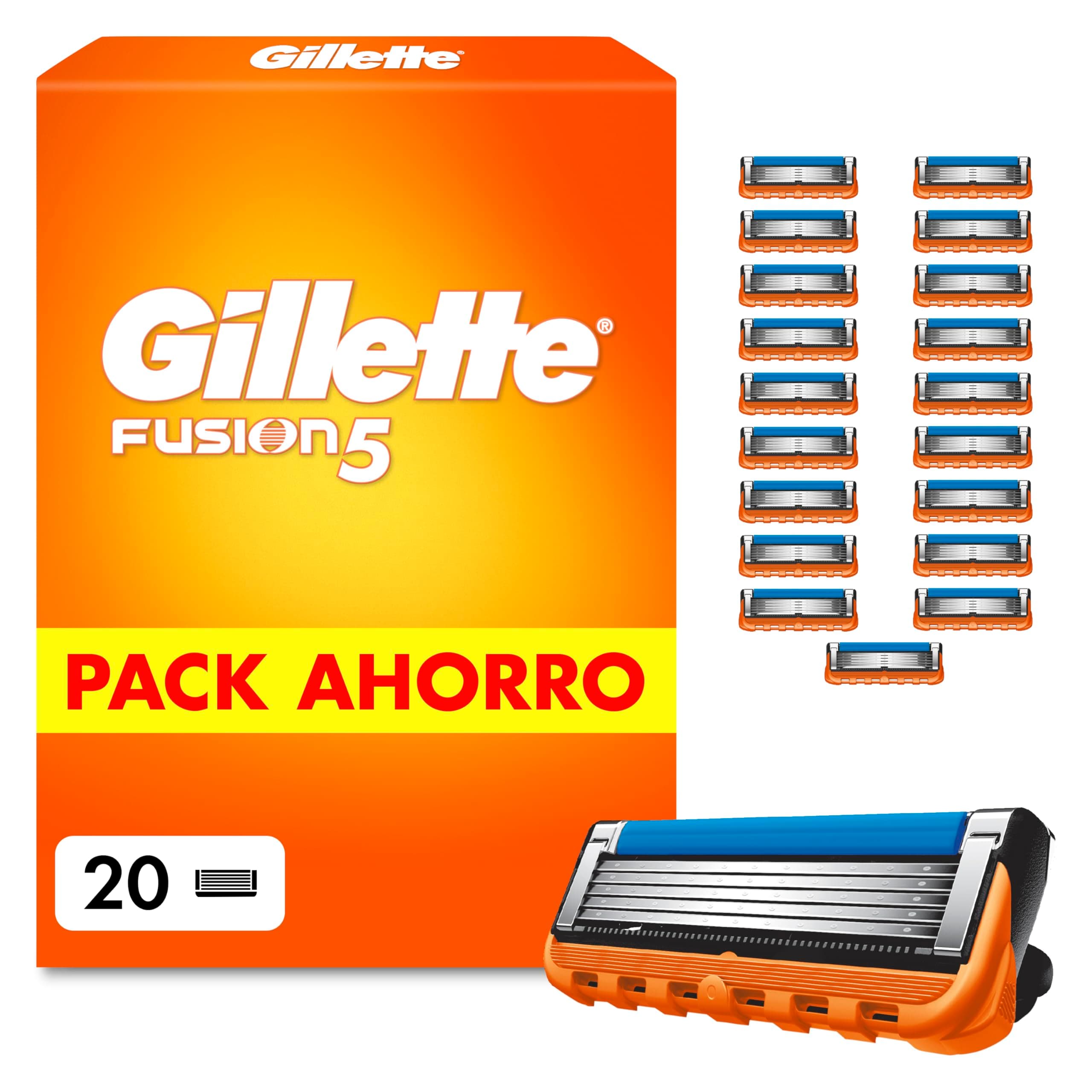 Gillette Fusion5 Recambios para Maquinillas de Afeitar, Pack de 20 Cuchillas de Afeitar con 5 Hojas, Banda de Gel Lubricante Y Recortadora de Precisión