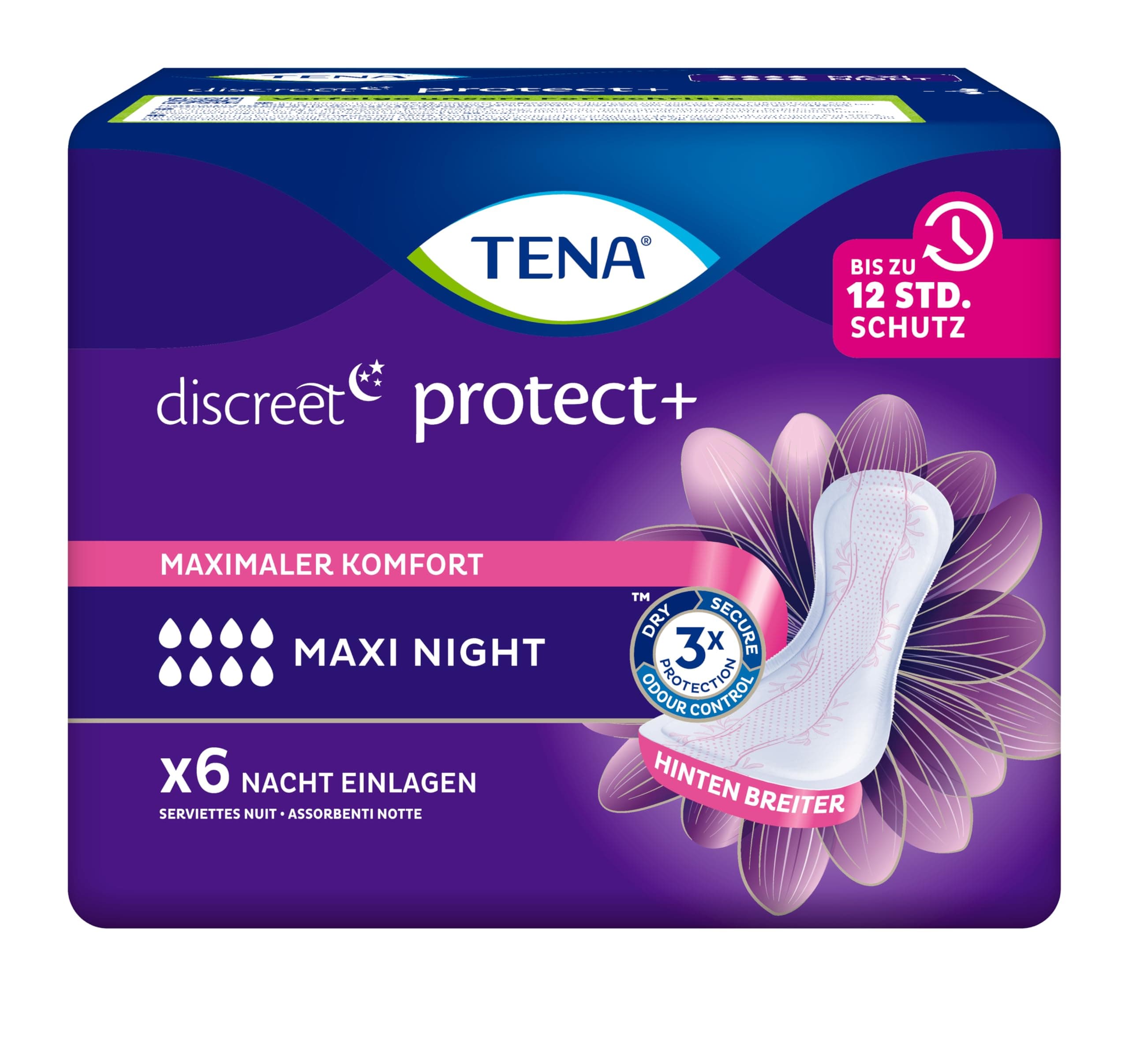 TENA Discreet Maxi Night - 48 Einlagen im Monatspaket (8 x 6 Stück), einzeln verpackt - Hygieneeinlagen für Frauen - bei mittlerer bis starker Blasenschwäche während der Nacht
