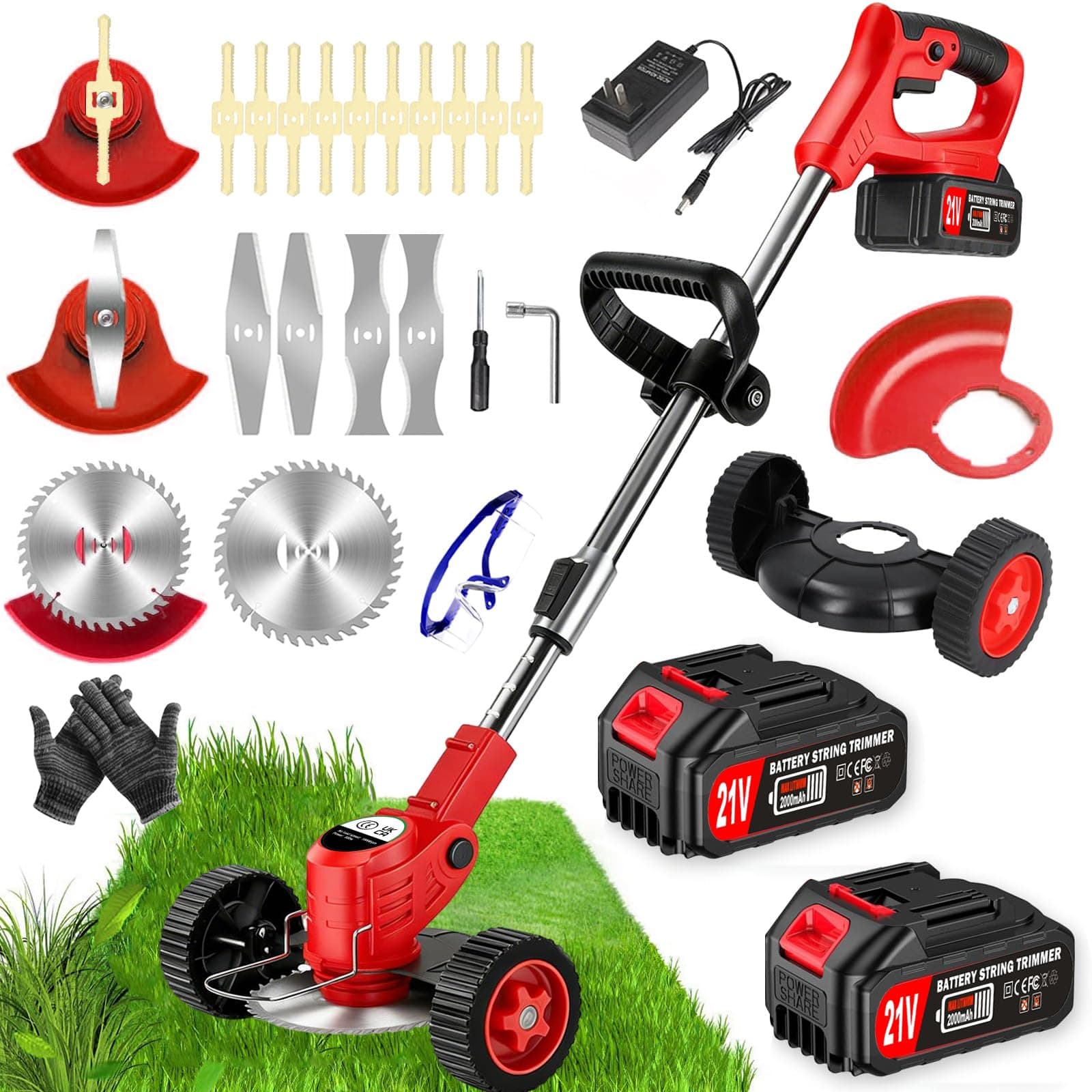 DéBroussailleuse à Electrique sans Fil 21V 2.0Ah Coupe Bordure sans Fil avec 2 Batterie et Chargeur Rapide Taille Bordure avec Roues Trois Types De Lames,légères et à Faible Bruit,pour Jardin Élagage