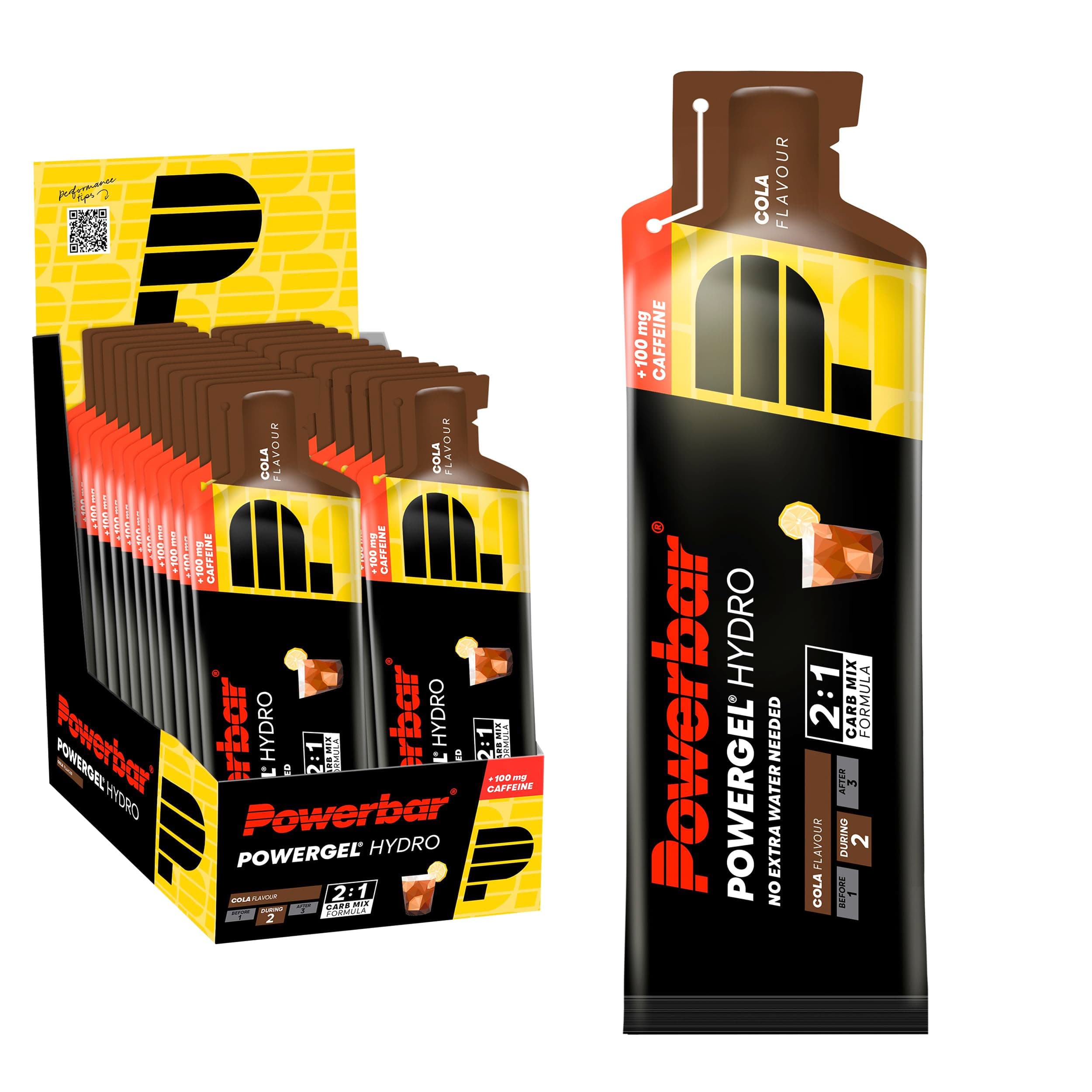 Powerbar - PowerGel Hydro - Cola - 24x67ml - Gel energético alto en carbohidratos - Sodio - 100mg de cafeína