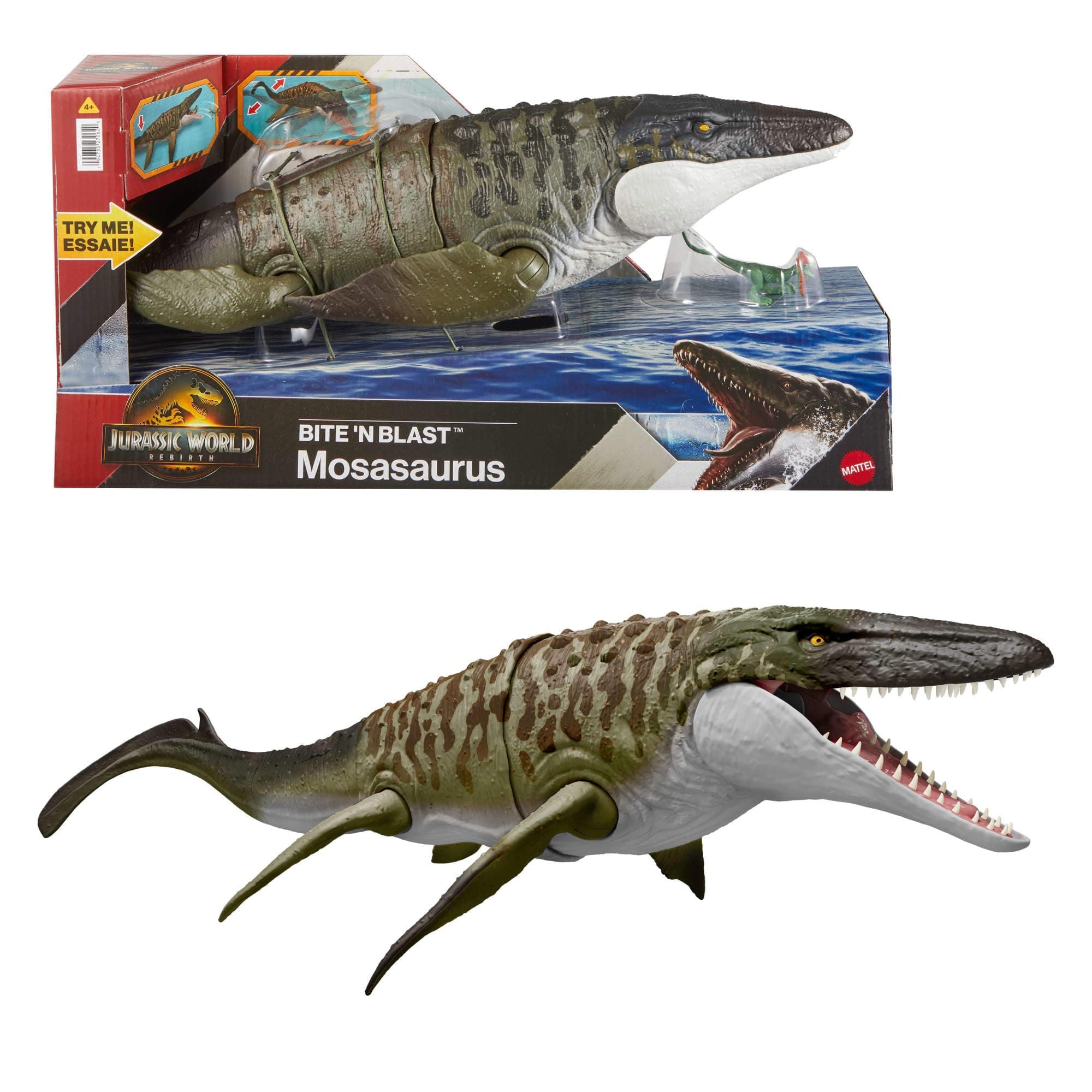 Mattel Jurassic World: El Renacer Mosasaurio Mordedor y minifigura de Dilofosaurio, juguete de dinosaurio con mandíbula ancha, figura articulada fiel a la película, juego digital, JJP80