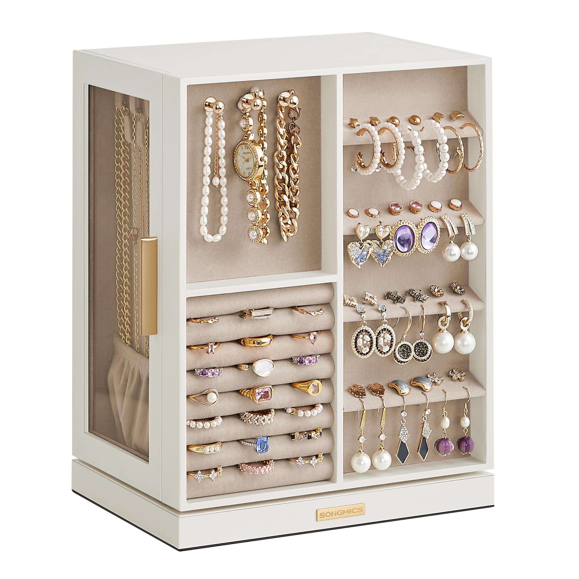 SONGMICS Boîte à Bijoux Rotative à 360°, Coffret à Bijoux avec 5 Tiroirs, Fenêtres en Verre Latérales, Grand, Rangement pour Accessoires, Design Ouvert, Blanc Nuage JBC170W01