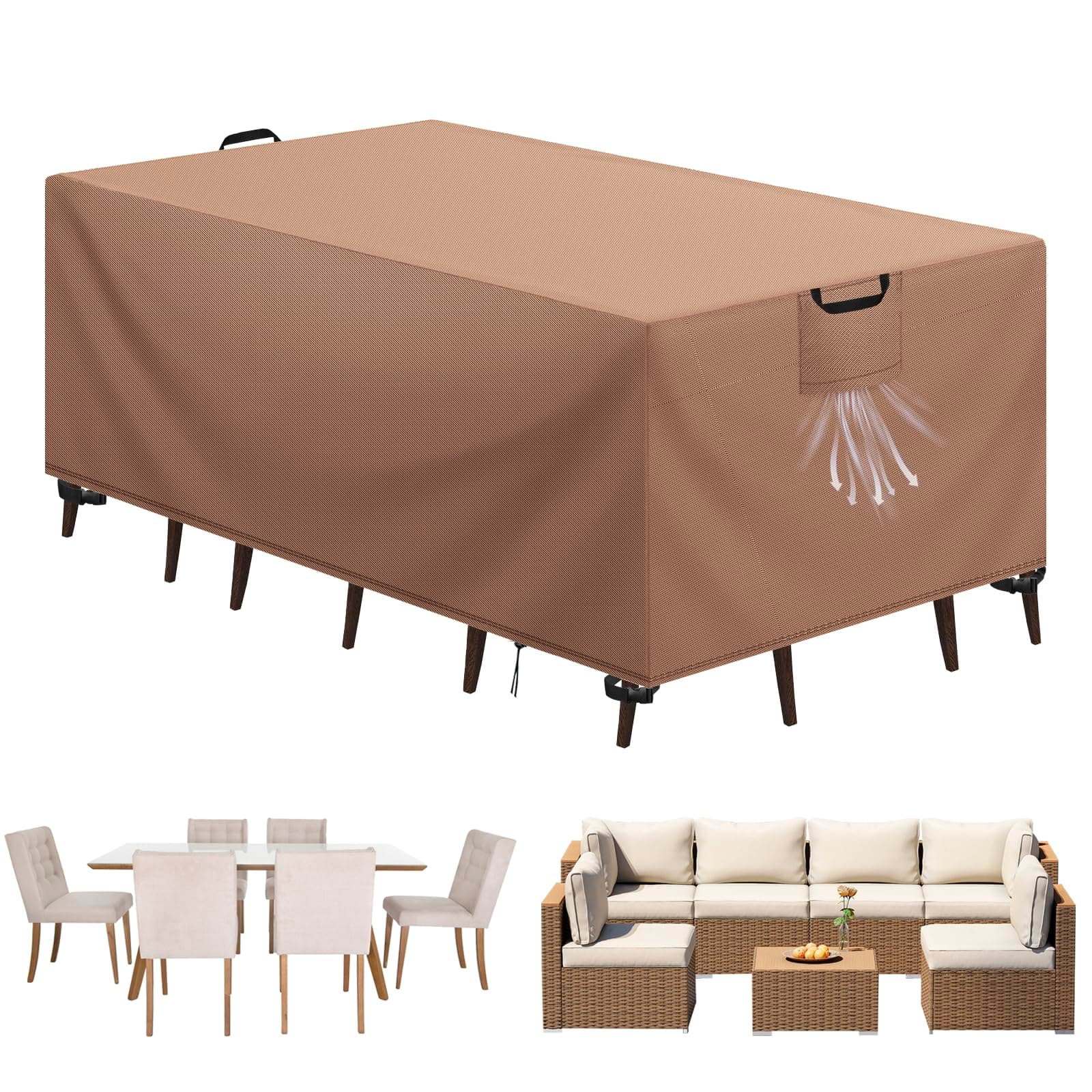 Aujink Copertura Tavolo Esterno Impermeabile, Panno 420D Oxford Impermeabile Copertura Per Mobili da Giardino Tavoli e Sedie da Cortile Raggi UV Resistente allo Strappo , Kaki, 170x94x71 cm