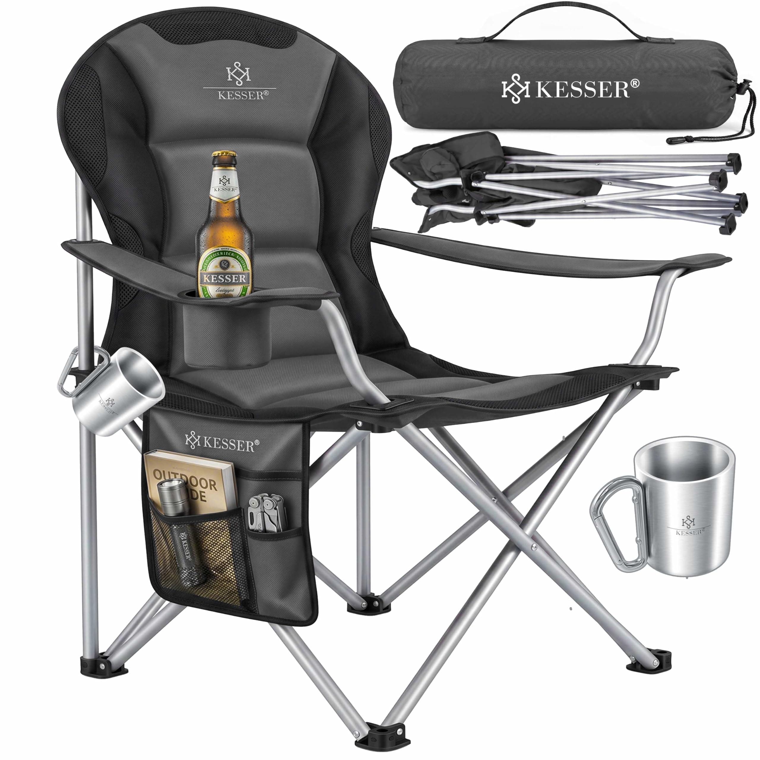 KESSER® Campingstuhl faltbar bis 150 kg Angelstuhl Faltstuhl Klappstuhl Gepolstert mit Armlehnen, hohe Rückenlehne Strandstuhl, Klapphocker inkl. Getränkehalter Tasche & Becher Anthrazit