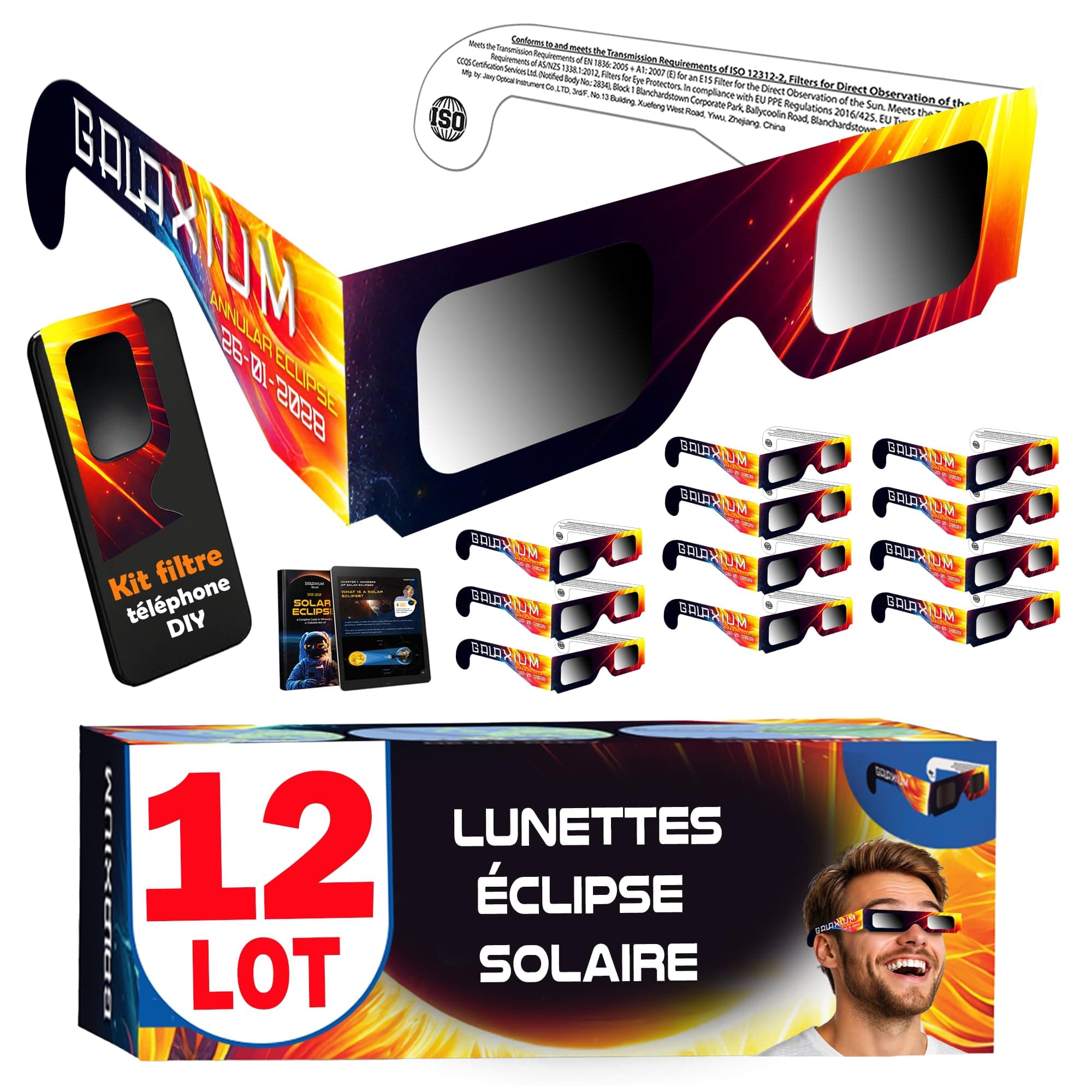 Galaxium Lunettes d'éclipse solaire [Lot de 12/25/50/100] - Homologuées AAS 2026 - Conçues pour l'observation directe des éclipses solaires - Certifiées ISO 12312-2 et CE