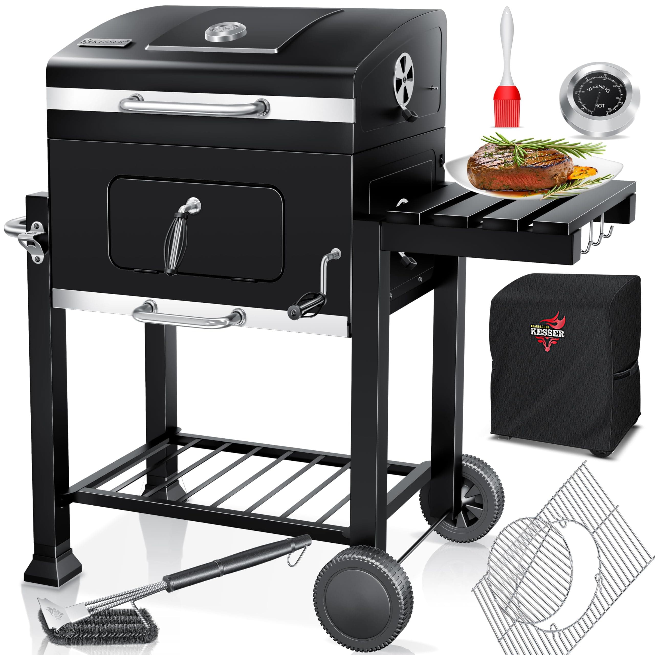 KESSER® Grill Chariot XL Barbecue au charbon de bois avec couvercle, roues, poignée en acier inoxydable, grille, brosse, housse et thermomètre Barbecue au charbon de bois Chariot grand charbon