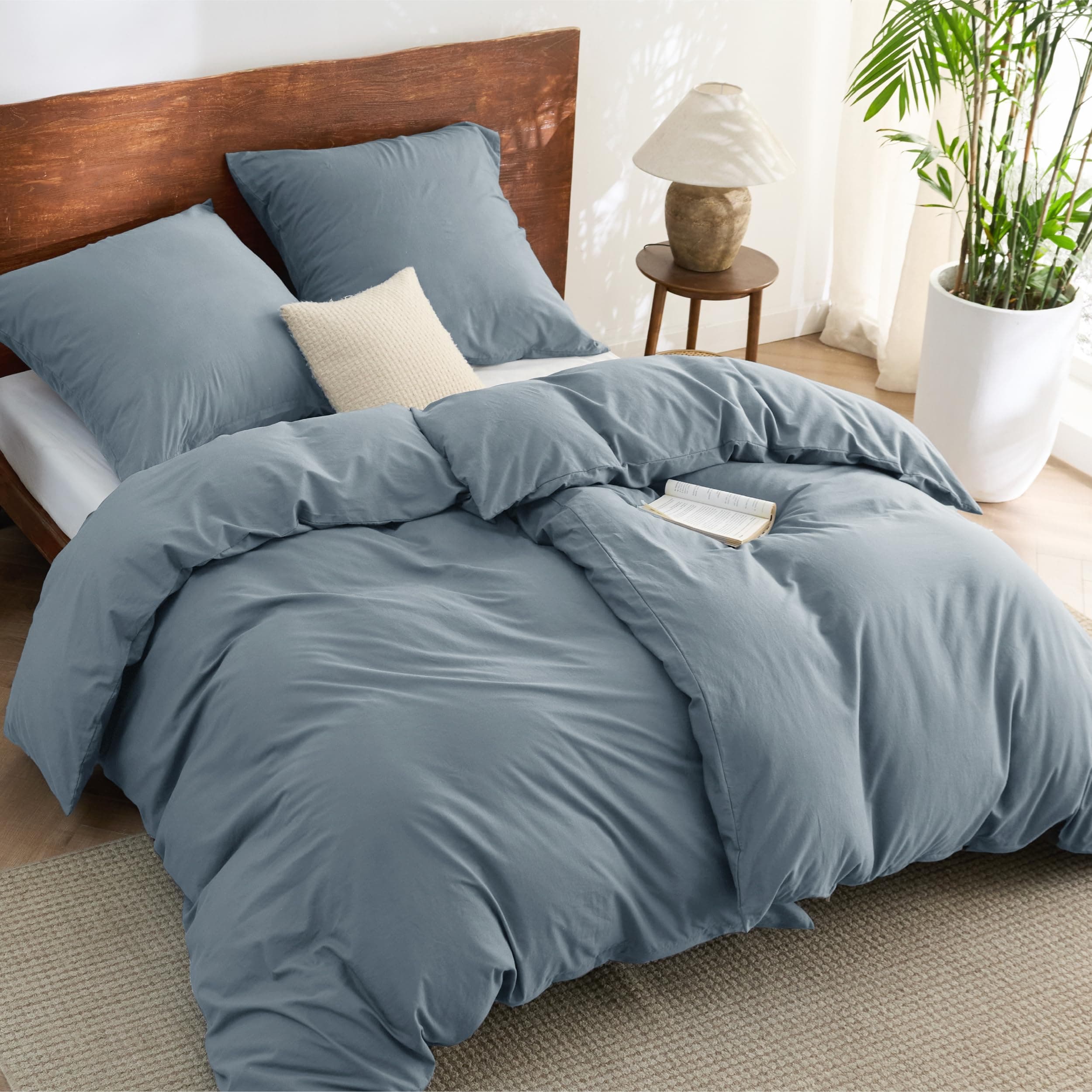 BEDSURE Bettwäsche 135x200 Baumwolle 4teilig - Bettwäsche-Sets Graublau Bettbezug 2er Set mit 2 Kissenbezüge 80x80 cm, Ähnliche Textur wie Washed Leinen, Oeko-TEX Bedding Blau mit Reißverschluss