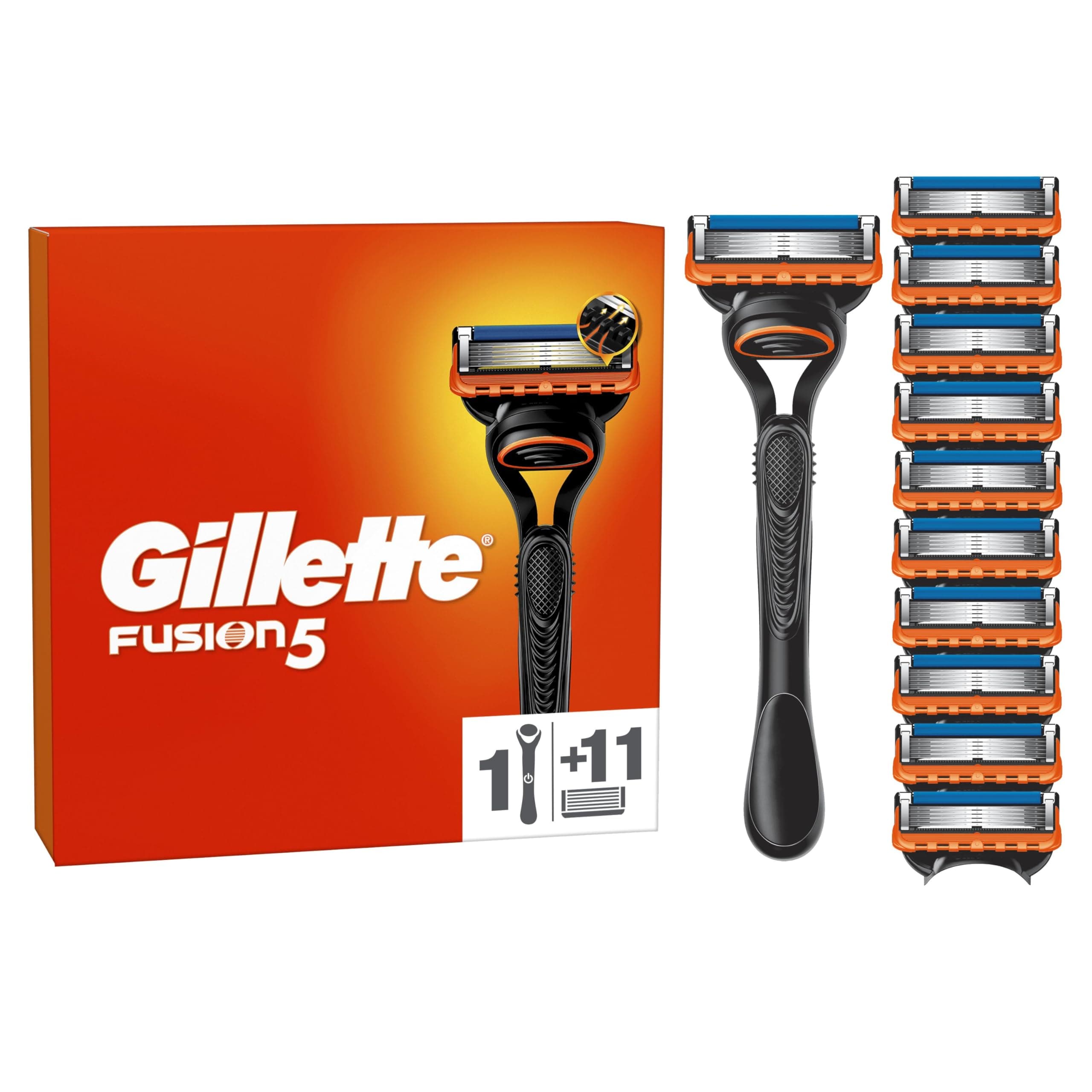Gillette rasoir pour homme Fusion5, manche réutilisable, 11 cartouches à 5 lames en acier inoxydable, bande lubrifiante pour le rasage du visage confortable, 1 recharge par 20 rasages