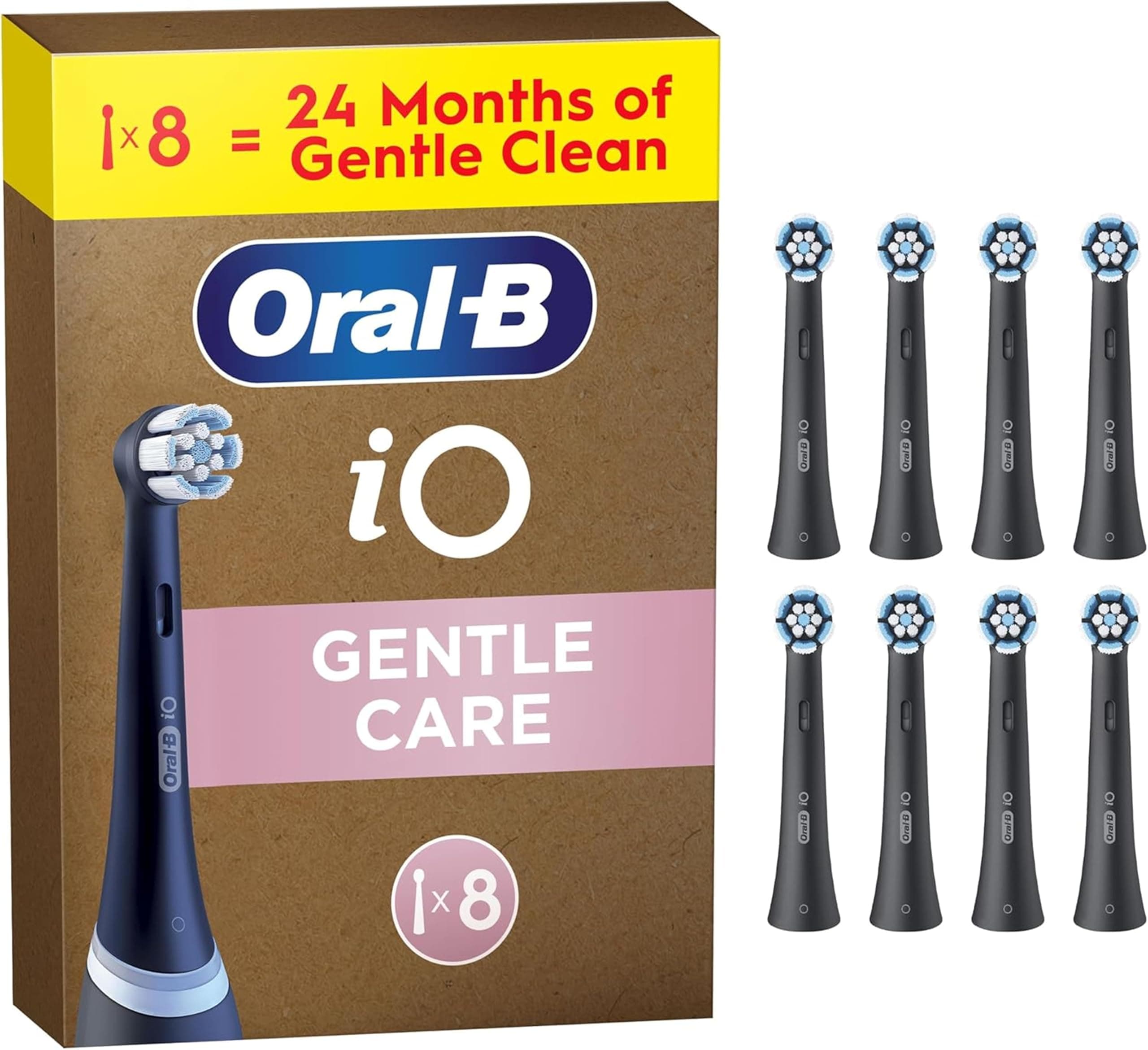 Oral-B Testine di Ricambio iO Gentle Care, Nere, 8 Ricambi - 8 Testine di Ricambio per Spazzolino Elettrico, Rotonde Originali per Gengive Sensibili, Setole Angolate per Rimuovere la Placca