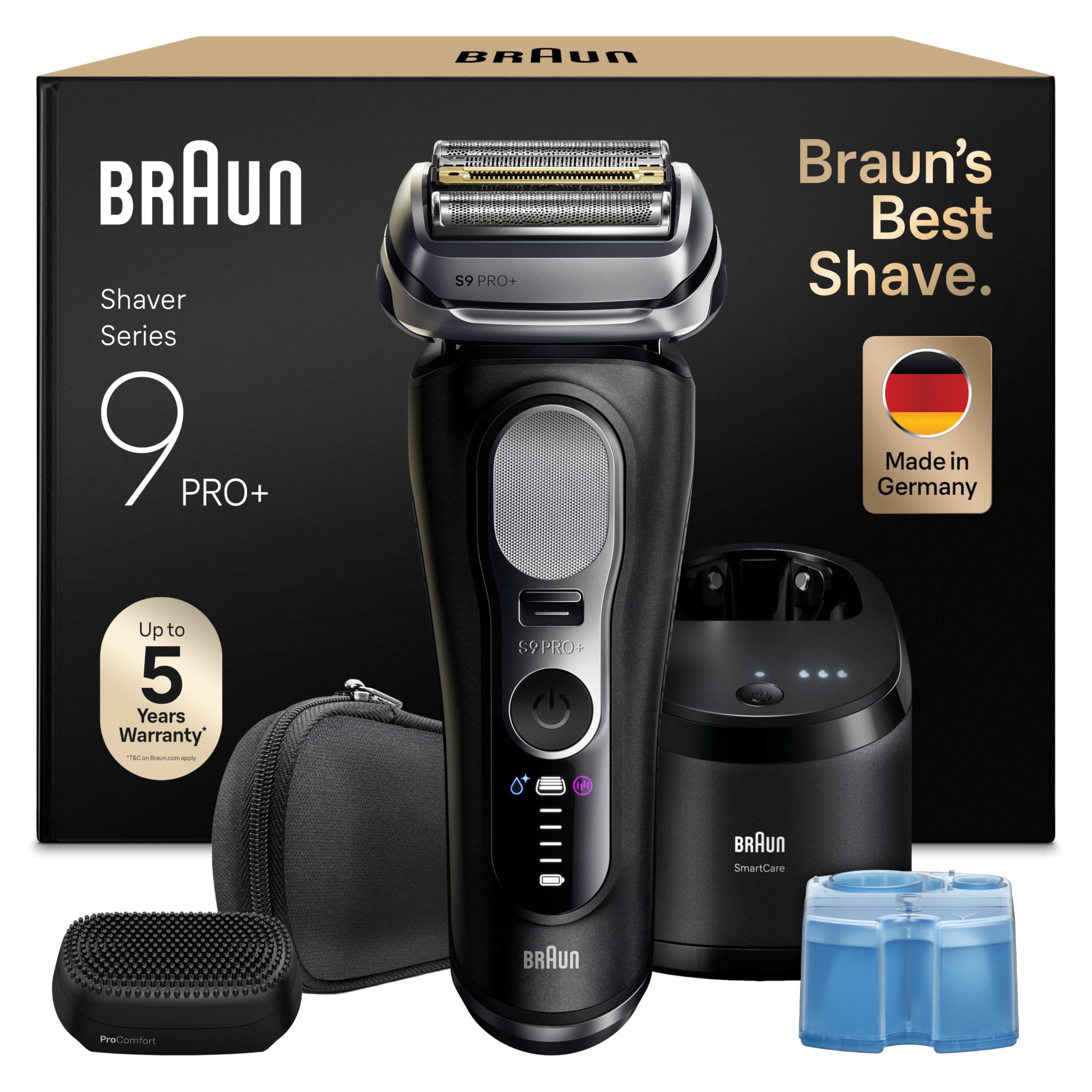 Braun Afeitadora Eléctrica Hombre Series 9 PRO+, Máquina De Afeitar Barba En Seco Y Mojado Con Tecnología 5+1, 60 Min De Uso, Centro De Limpieza, Estuche De Viaje, Cabezal ProComfort, 9690CCE, Negro