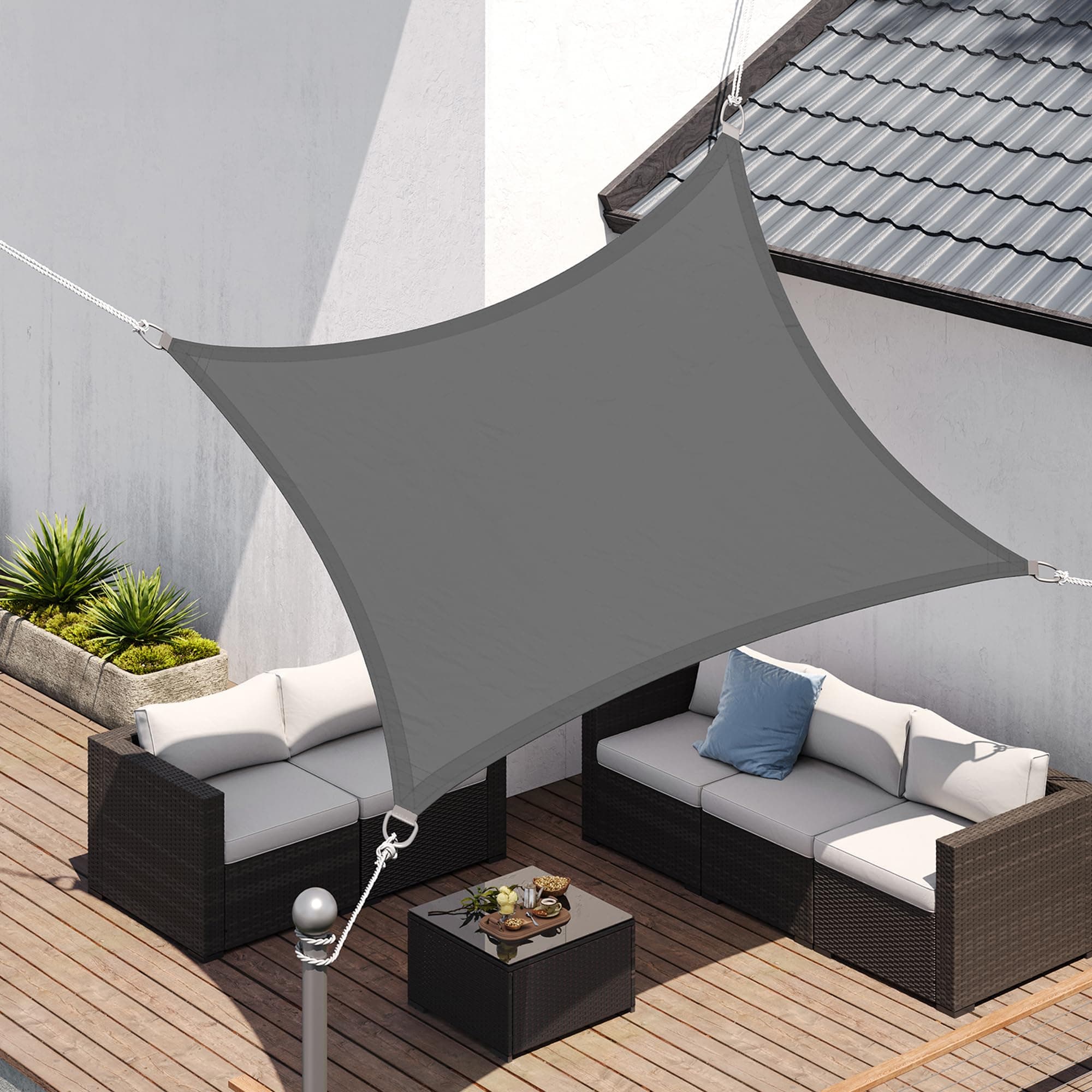 SONGMICS Sonnensegel 2 x 3 m, wasserdicht mit Einer Wassersäule von 665 mm, Sonnenschutz aus reißfestem Polyester, UV-Schutz 93% Terrasse Garten Balkon rechteckig 2m Seile rauchgrau GSH23BK