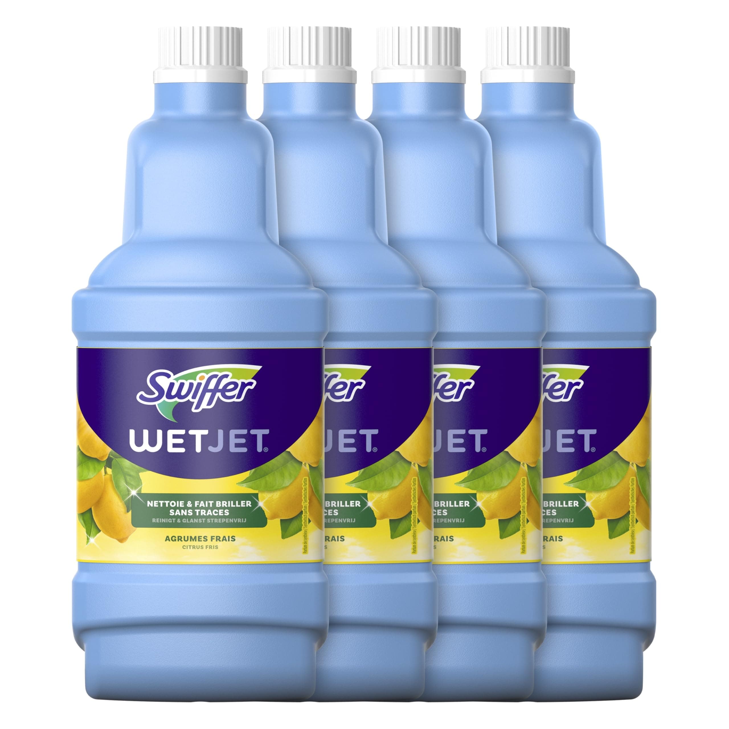 Swiffer WetJet Nettoyant Sol pour Balai Spray, Grand Format 5L (1.25L x4), Parfum Agrumes Frais, Solution Multi-Surfaces, Élimine la Saleté Sans Traces ni Résidus, Pour Tous Types de Sols