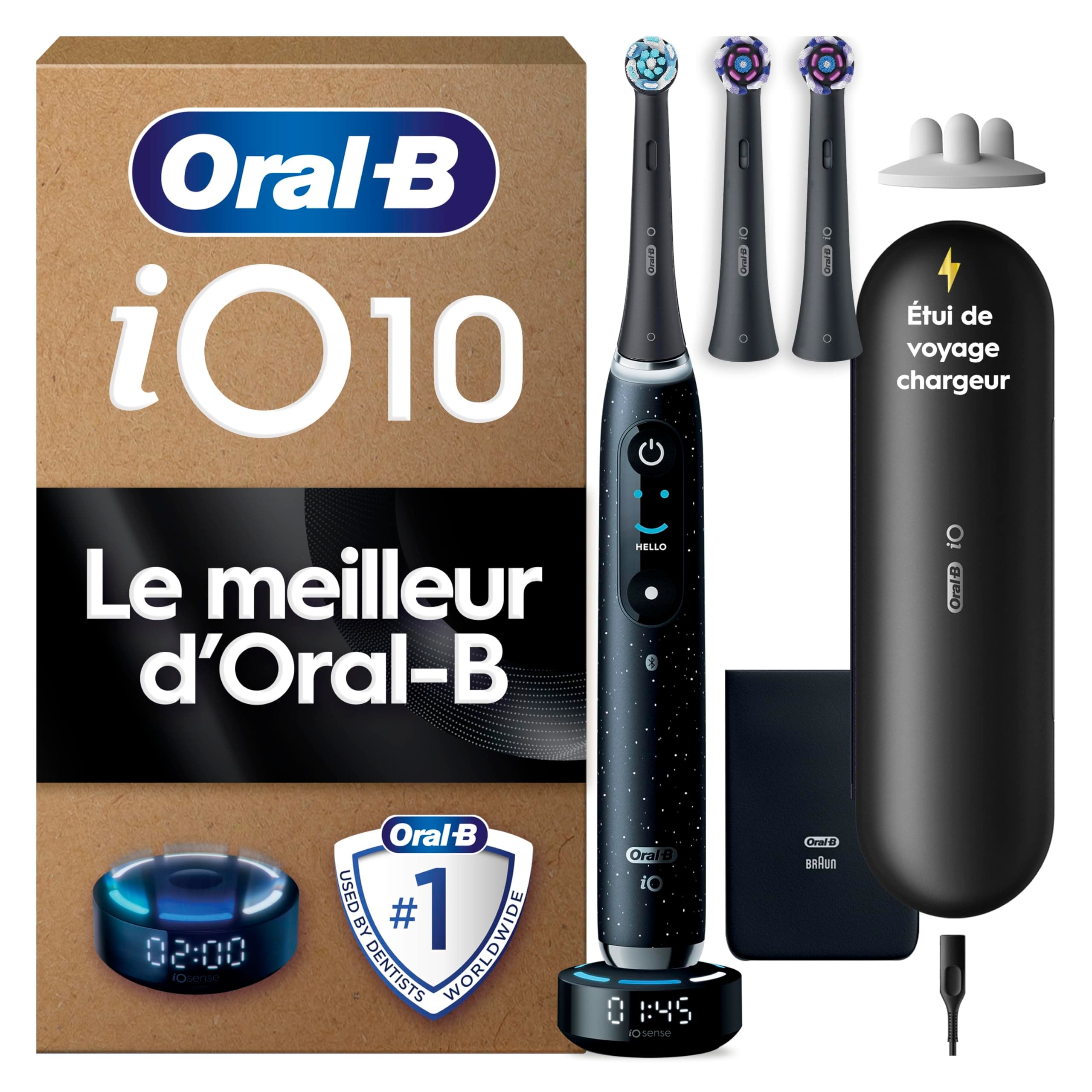 Oral-B iO 10 Brosse A Dents Electrique Intelligente, Noire, 7 Modes De Brossage Dont Blancheur Et Douceur, Coach De Brossage iO Sense, 3 Brossettes De Rechange Oral b, Etui De Voyage, Chargeur
