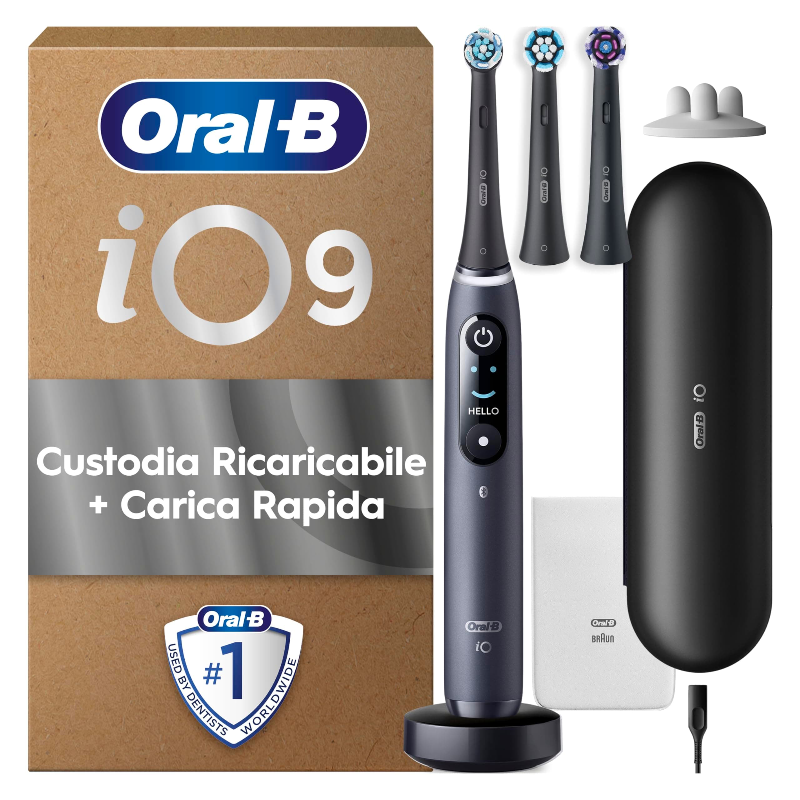 Oral-B Spazzolino Elettrico Ricaricabile iO 9 Nero, 1 Spazzolino Elettrico Oral B, 3 Testine Di Ricambio, Custodia Da Viaggio con caricatore, Pulizia Denti Efficace