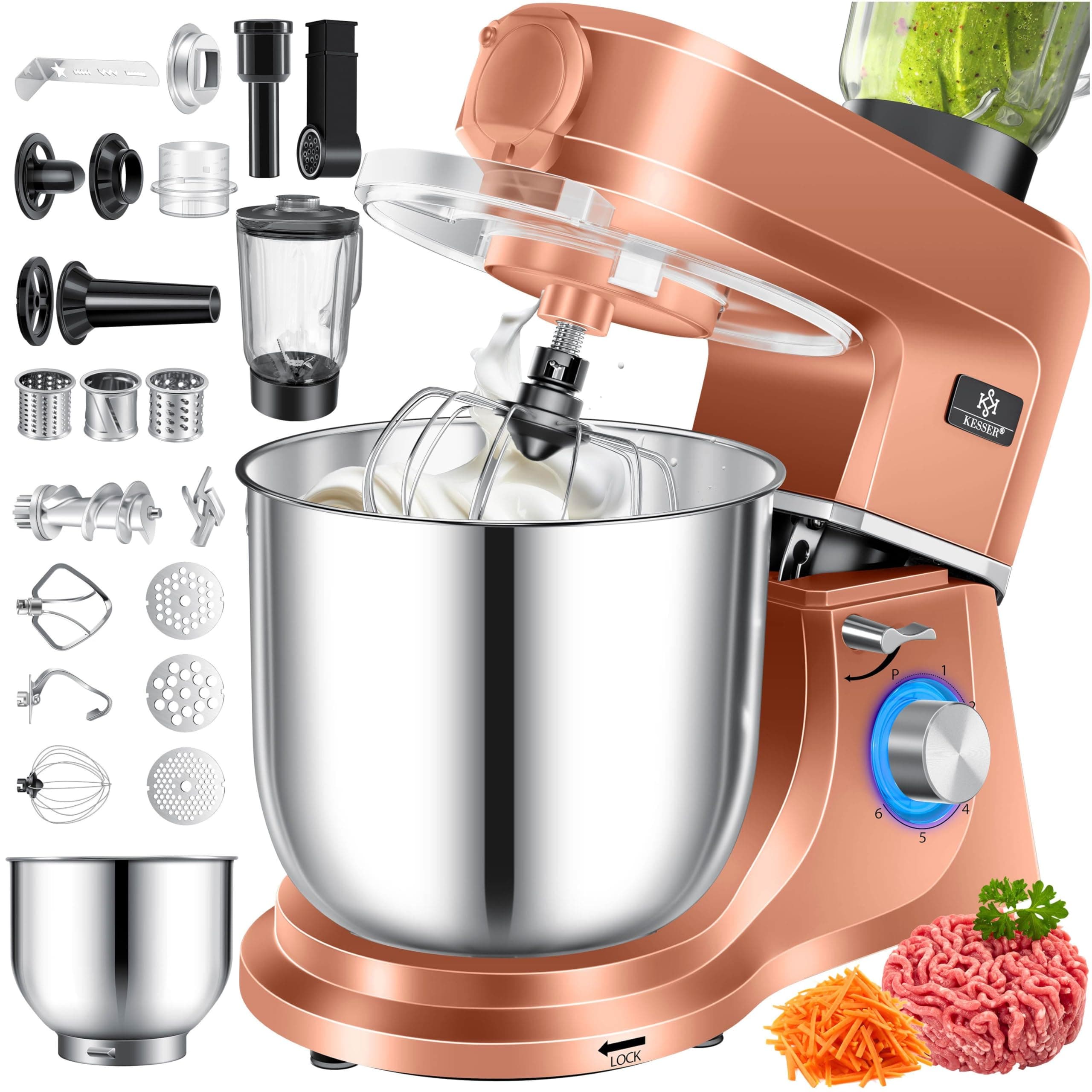 KESSER® Küchenmaschine 3in1 mit Fleischwolf & Mixer, 1500W Knetmaschine 5,5L Rührschüssel + Spritzschutz, 6 Geschwindigkeiten, Knethaken, Schneebesen, Rührhaken & Raspeln, Backen & Kochen, Kupfer