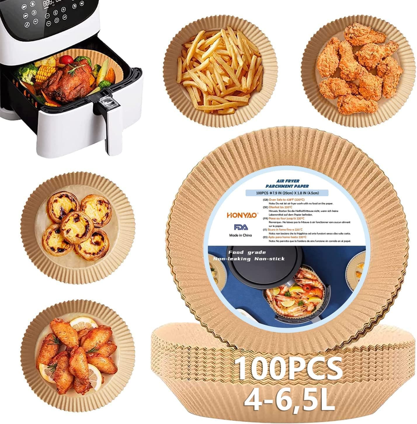 HONYAO 20 cm Fogli di Carta Forno per Friggitrice ad Aria XL 4-6,5 L, 100 Pezzi Antiaderente Usa e Getta Carta Pergamena, Impermeabile Antiolio Accessori per Air Fryer - Rotondo