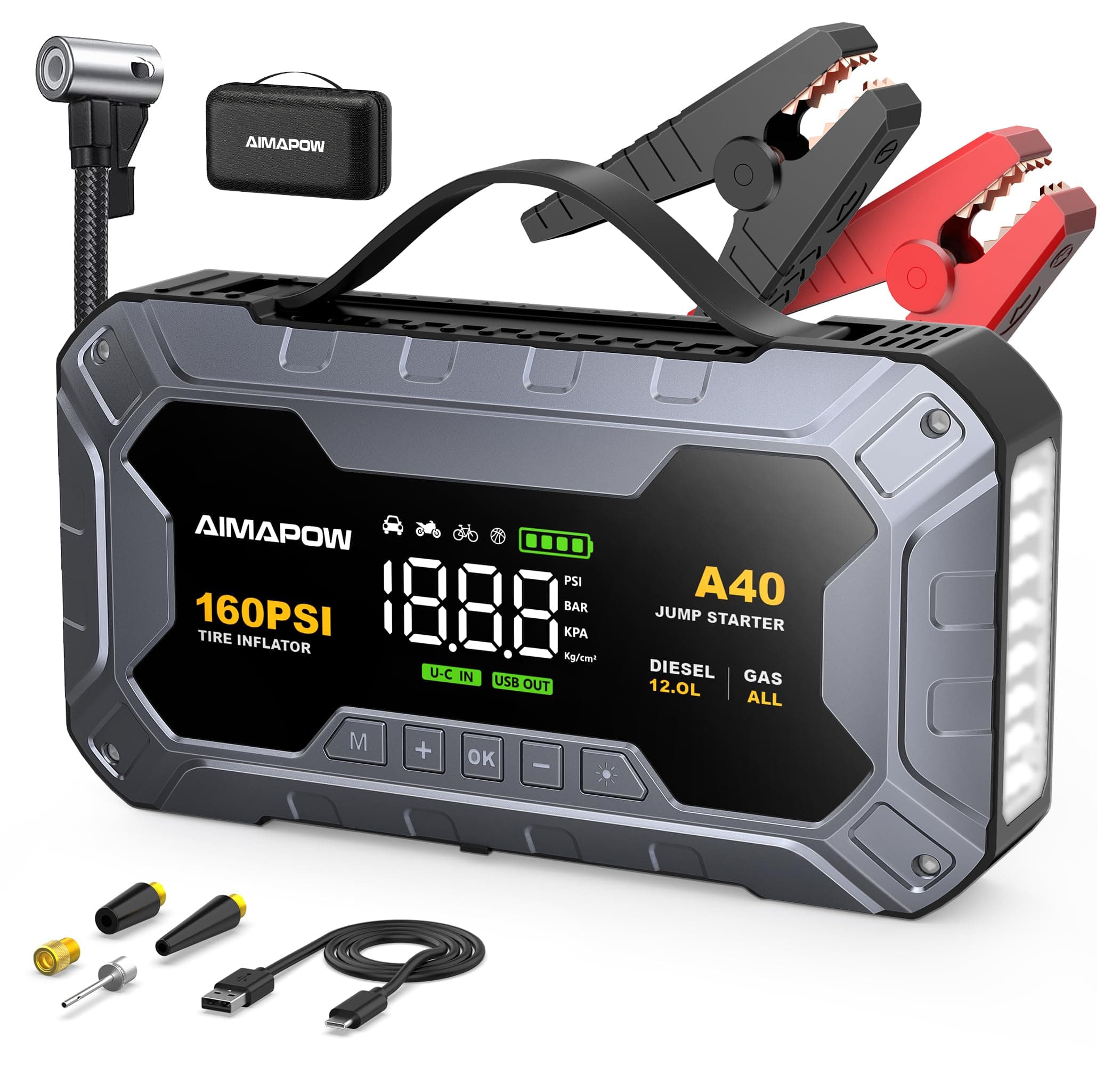 8000A & 160PSI Booster Avviamento Auto con Compressore Aria Portatile, Avviatore Batteria 27000mAH（Tutti Gas 12L Diesel）Jump Starter con 600LUMEN,Ricarica USB-C AIMAPOW