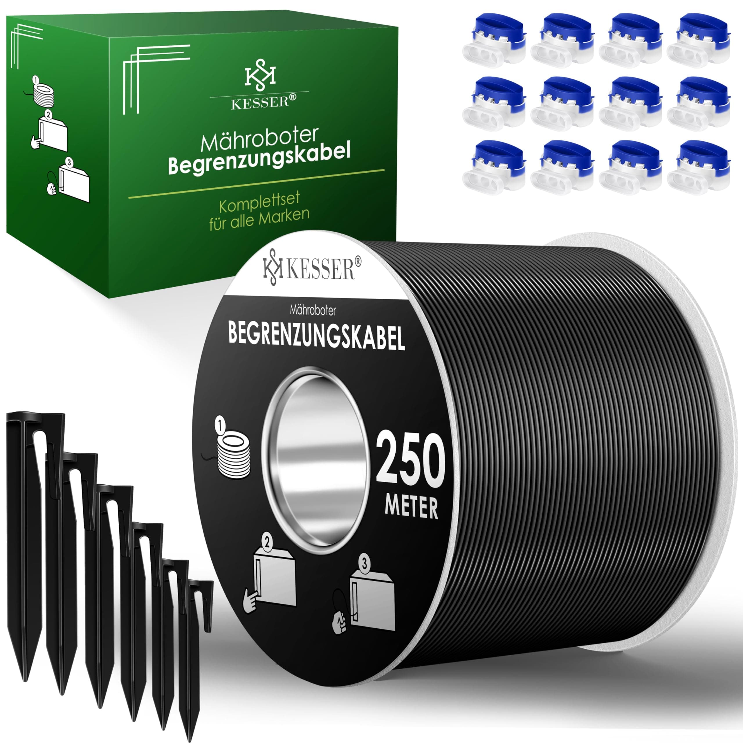 KESSER® Begrenzungskabel 250m + 800 Erdspieße + 12 Kabelverbinder für Mähroboter Rasenmäher Rasenroboter Zubehör Set Begrenzungsdraht Universal kompatibel mit Gardena/Bosch/Worx/Einhell/Honda/ROBOMOW