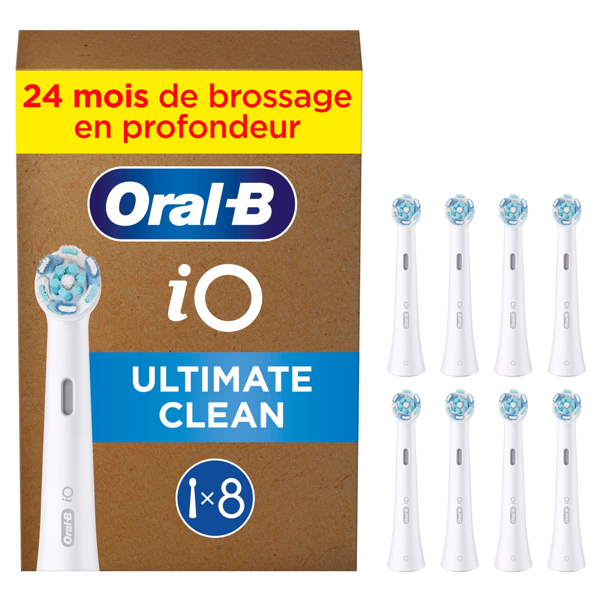 Oral-B Lot De 8 Brossettes De Rechange Ultimate Clean, AUTHENTIQUES, Blanches, Brossage En Profondeur, Elimination De La Plaque Dentaire, Brossette Ronde Pour Les Brosses Electriques Oral B iO, Carton
