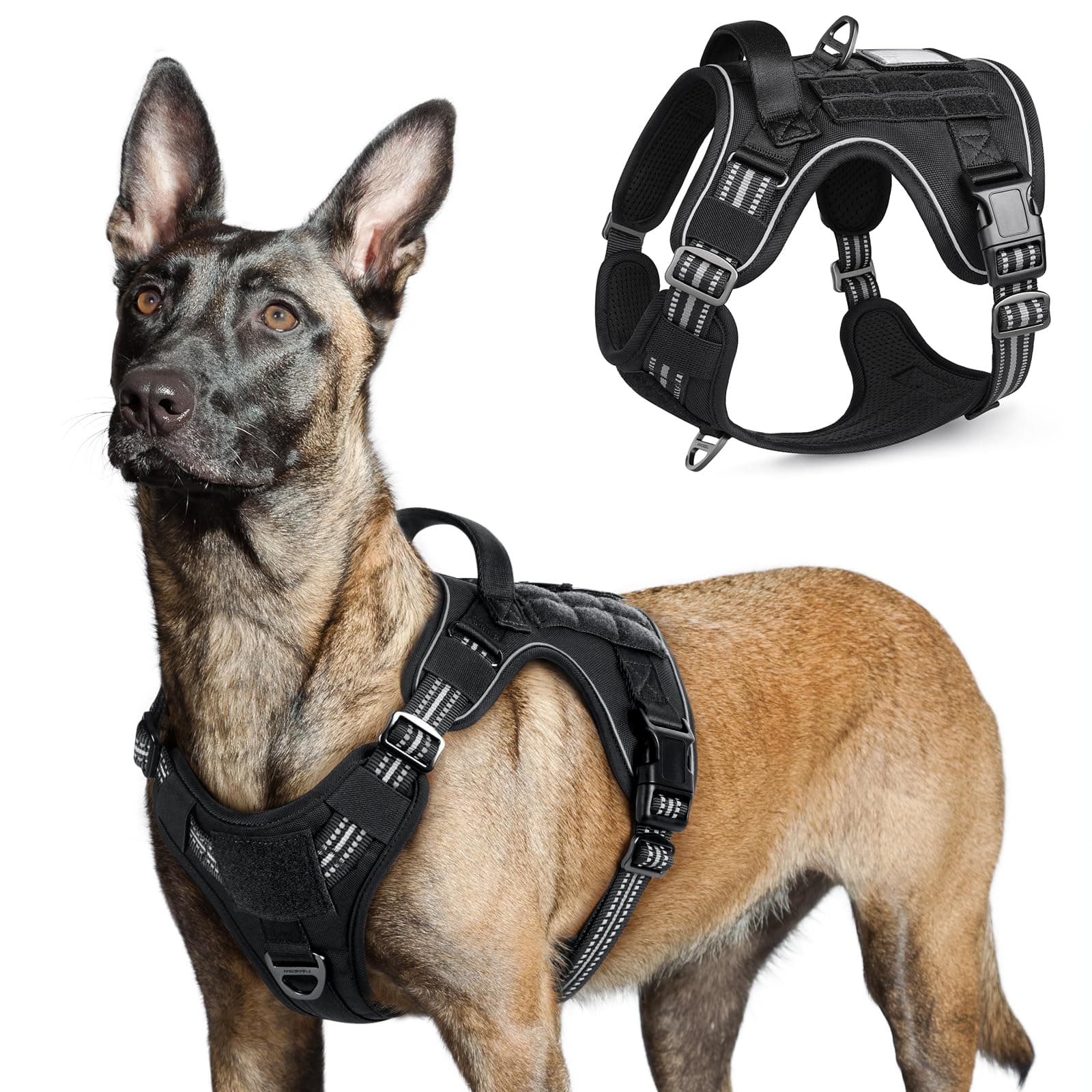 rabbitgoo Harnais Chien Anti Traction, Harnais Tactique Chien Réfléchissant Réglable avec Poignée et Anneaux, Gilet Solide Facile à Mettre, Harnais Chien Militaire pour Entraînement Chasse, Noir, L
