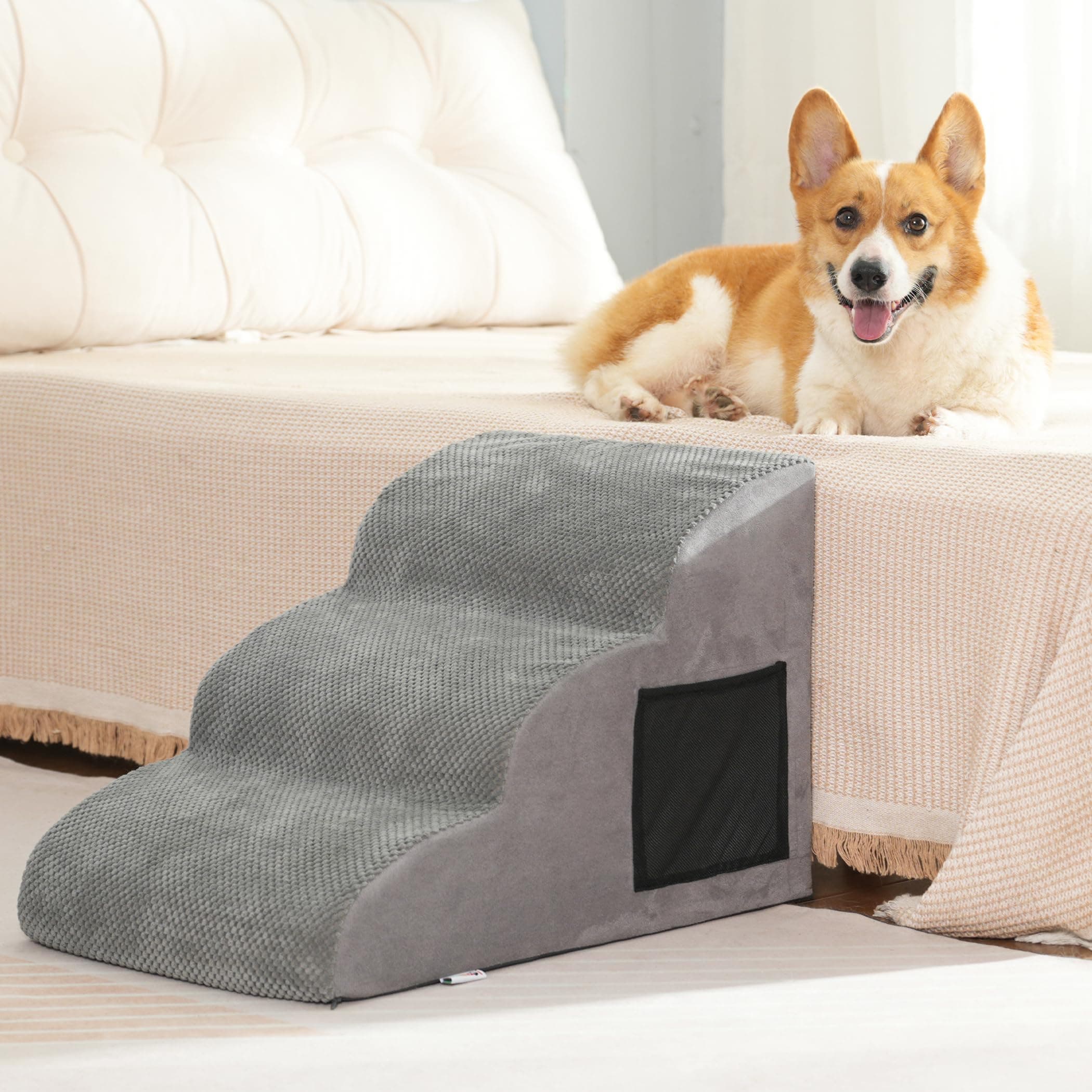 YunNasi Escalera para Perros de 3 Etapas, Rampa para Perros Pequeños y Gatos, Escaleras para Mascotas con Funda Lavable y Fondo Antideslizante, para Sofá o Cama (3 Pasos-Gris)